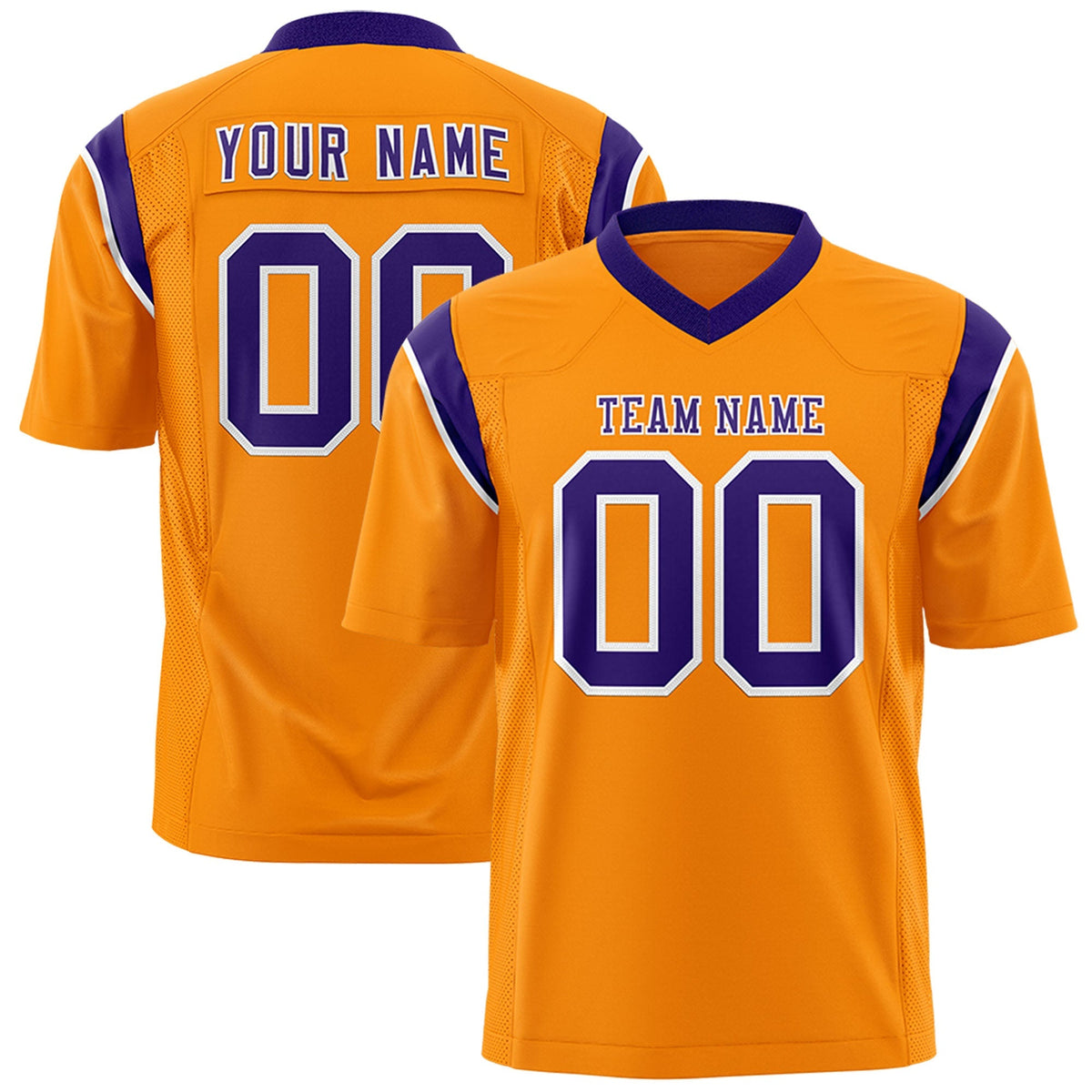 Custom Gold Orange Purple Personalized Shoulder Cut Two-Tone Flag Football Jersey