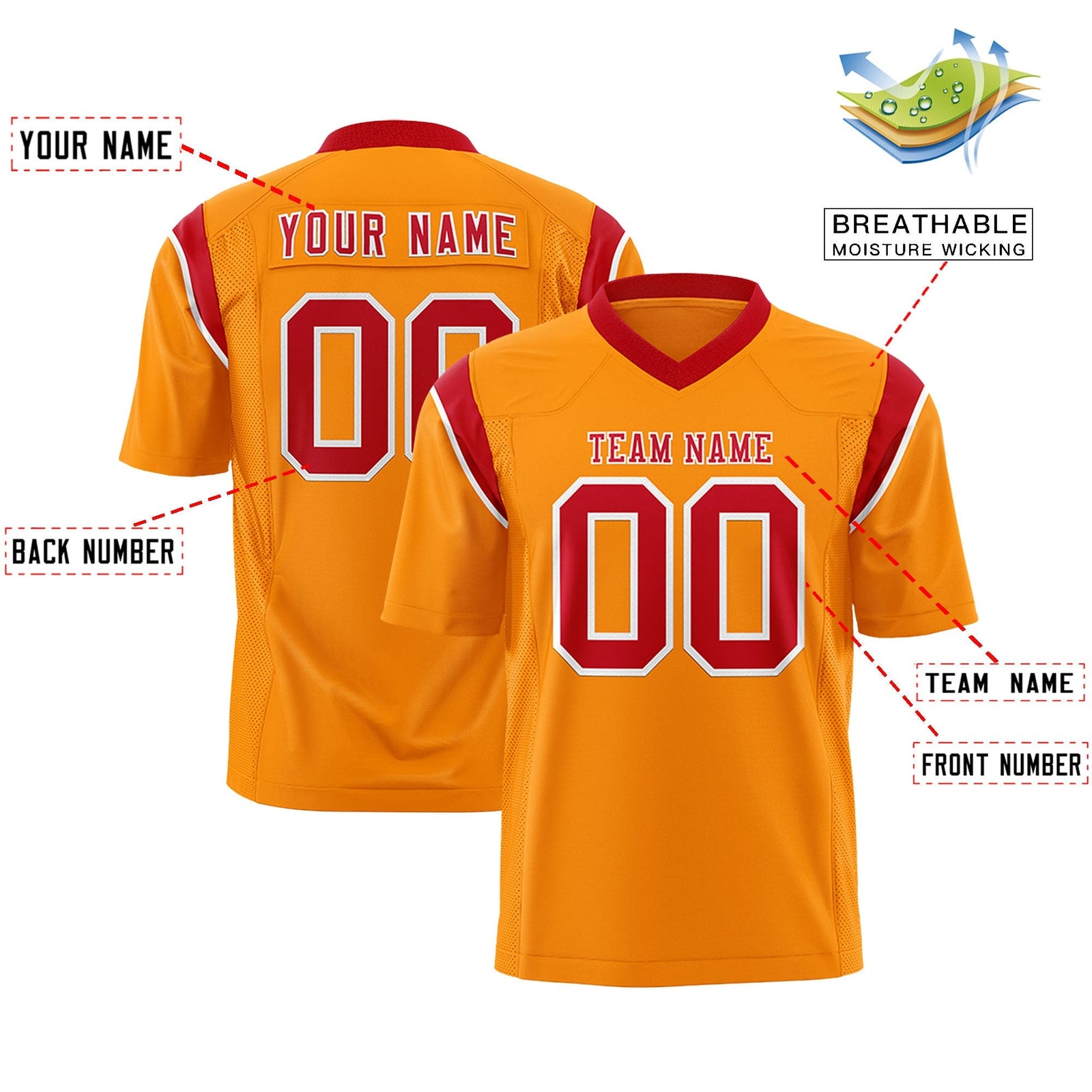 Custom Gold Orange Red Personalized Shoulder Cut Two-Tone Flag Football Jersey