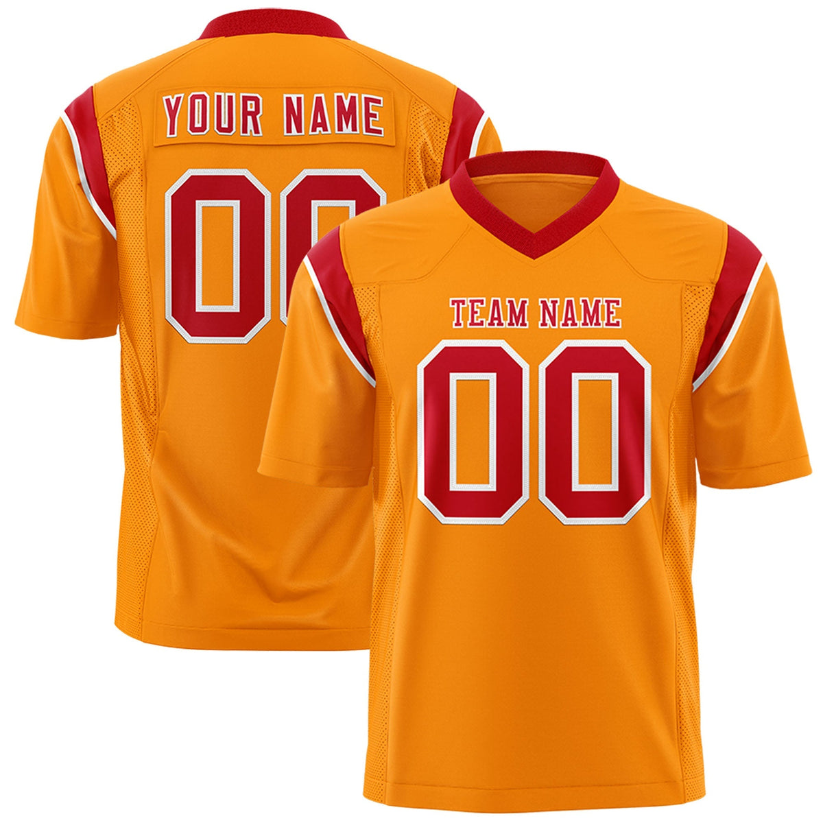 Custom Gold Orange Red Personalized Shoulder Cut Two-Tone Flag Football Jersey