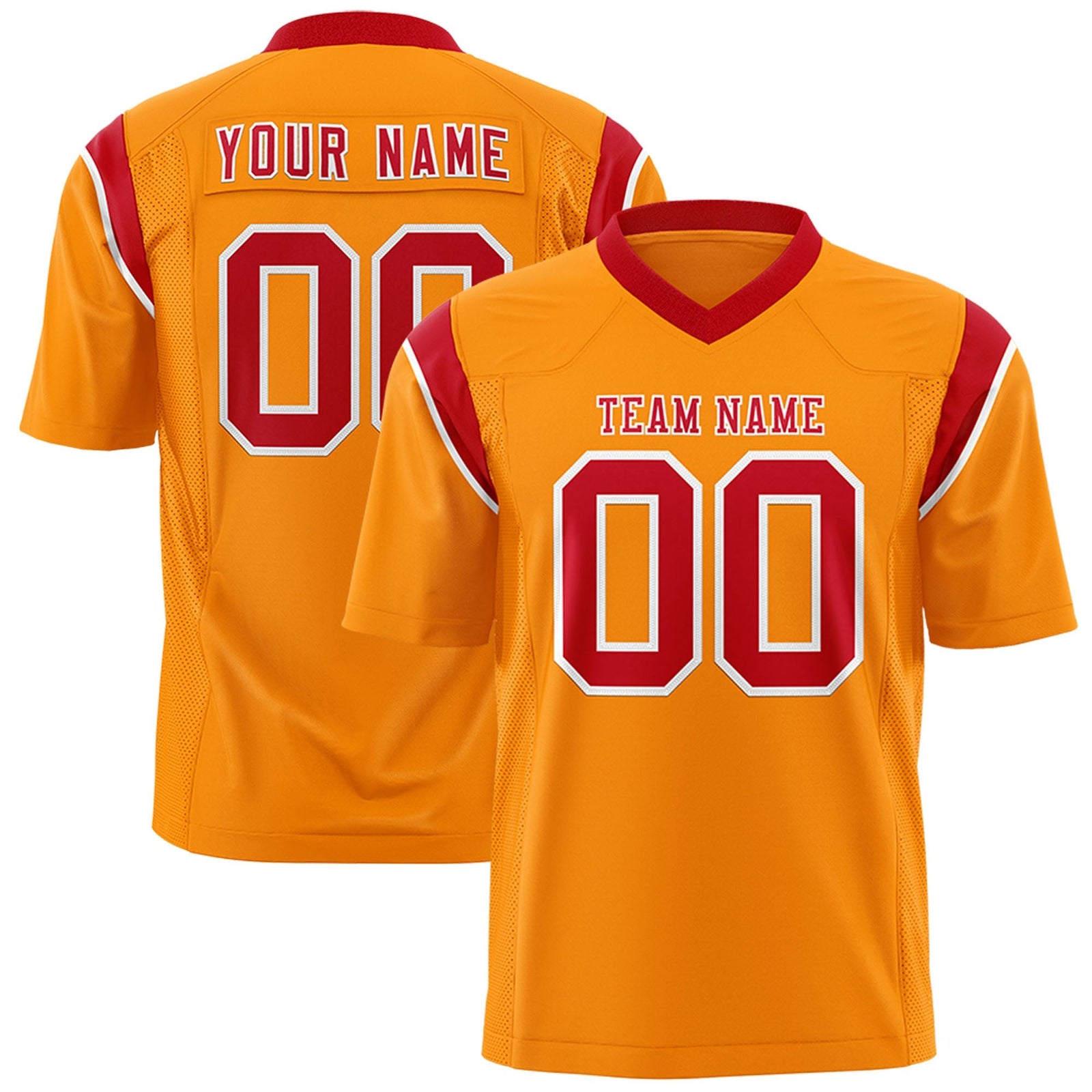 Custom Gold Orange Red Personalized Shoulder Cut Two-Tone Flag Football Jersey