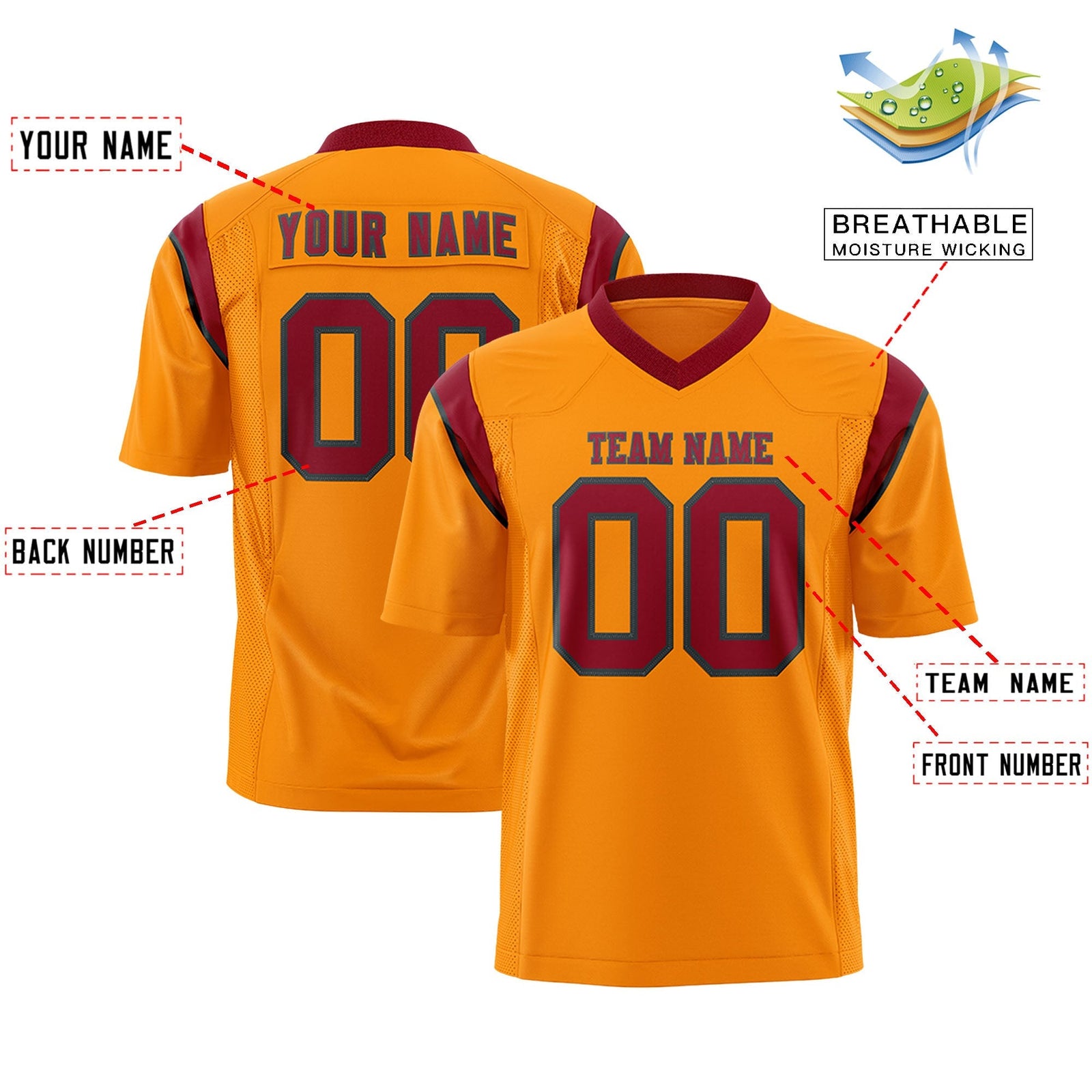 Custom Gold Orange Cardinal Personalized Shoulder Cut Two-Tone Flag Football Jersey