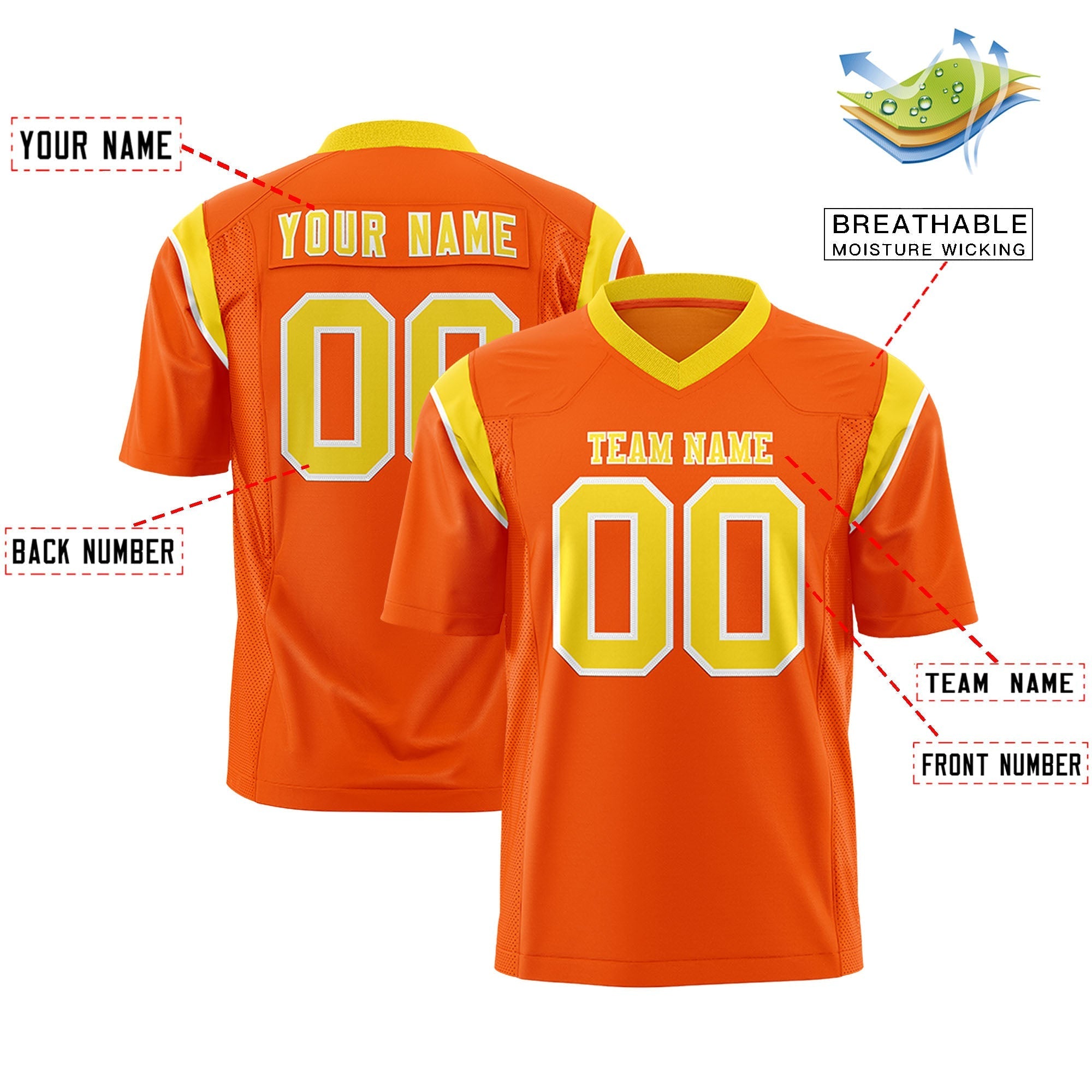 Custom Orange Gold Personalized Shoulder Cut Two-Tone Flag Football Jersey