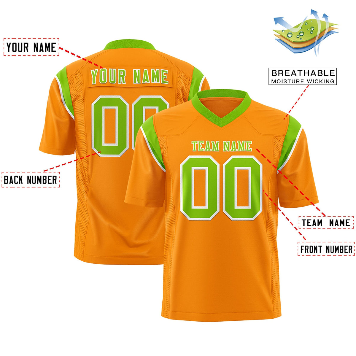 Custom Gold Orange Neon Green Personalized Shoulder Cut Two-Tone Flag Football Jersey
