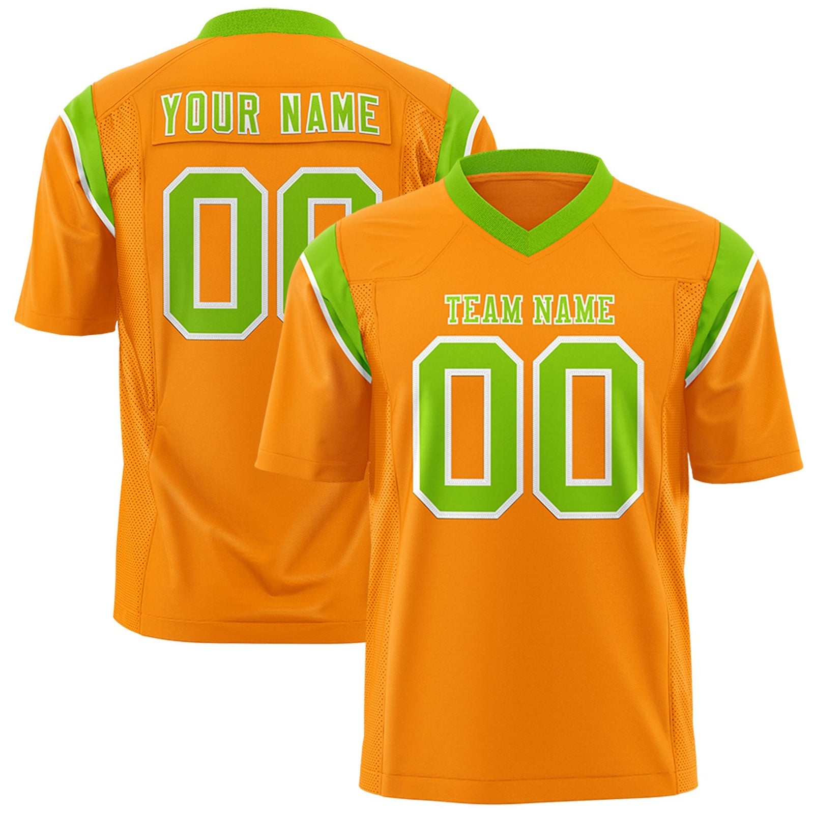 Custom Gold Orange Neon Green Personalized Shoulder Cut Two-Tone Flag Football Jersey