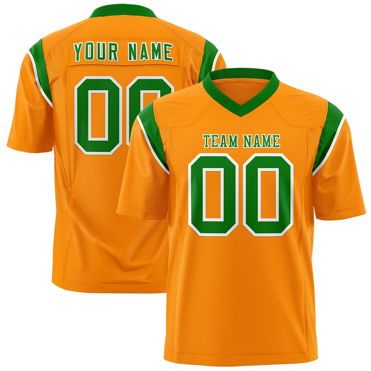 Custom Gold Orange Kelly Green Personalized Shoulder Cut Two-Tone Flag Football Jersey
