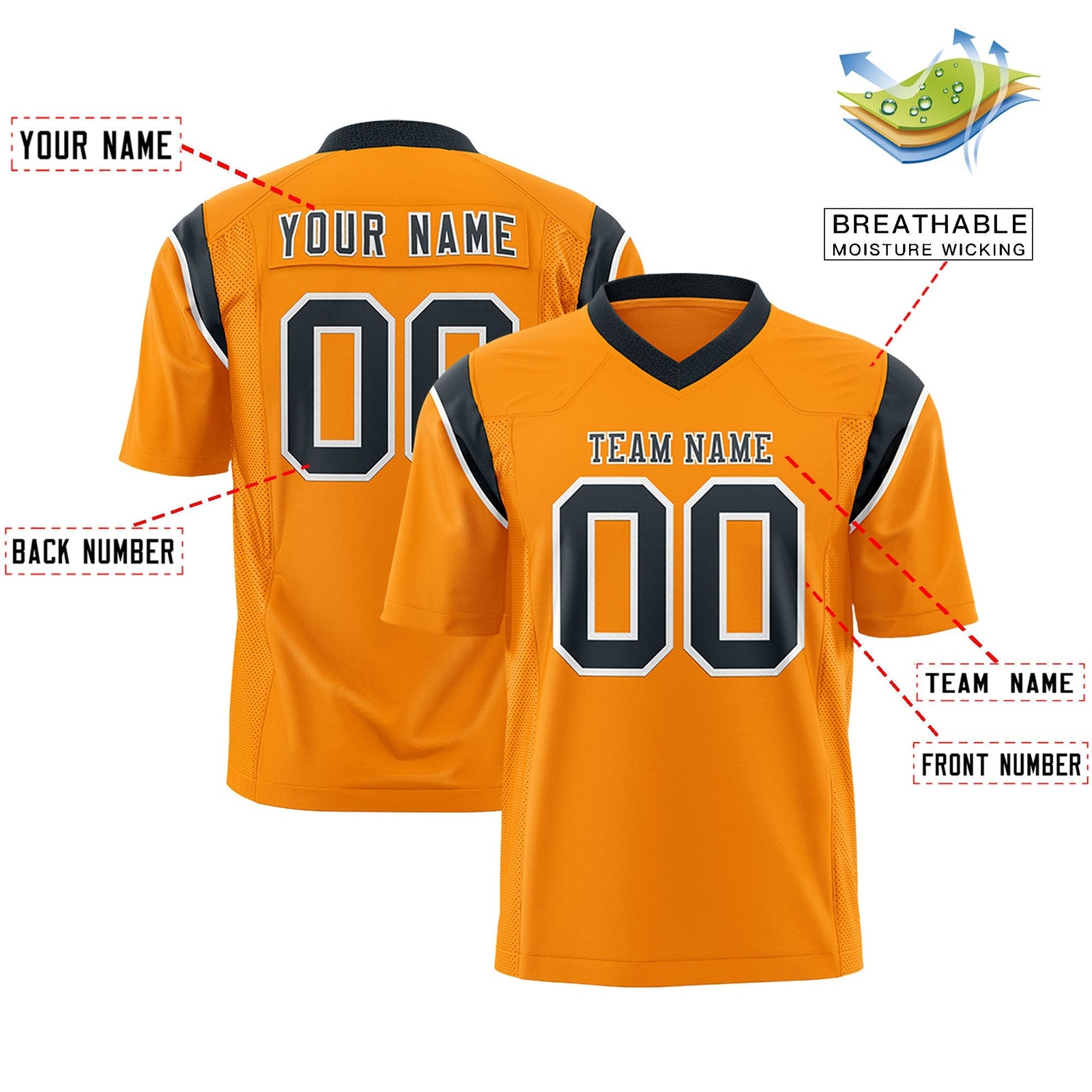 Custom Gold Orange Black Personalized Shoulder Cut Two-Tone Flag Football Jersey