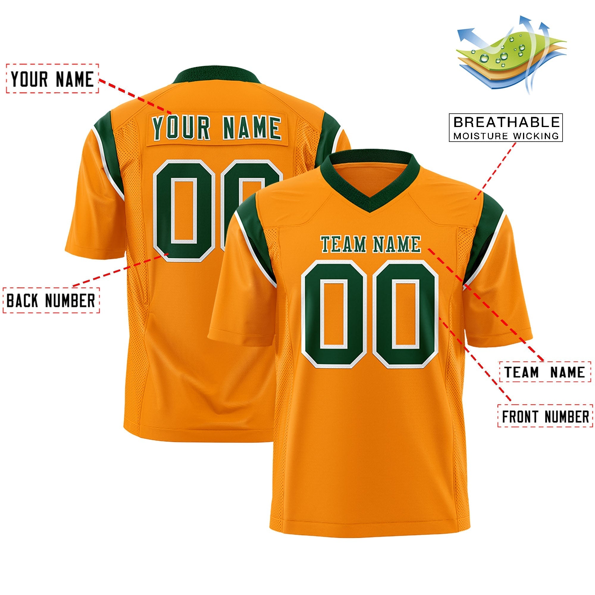 Custom Gold Orange Green Personalized Shoulder Cut Two-Tone Flag Football Jersey