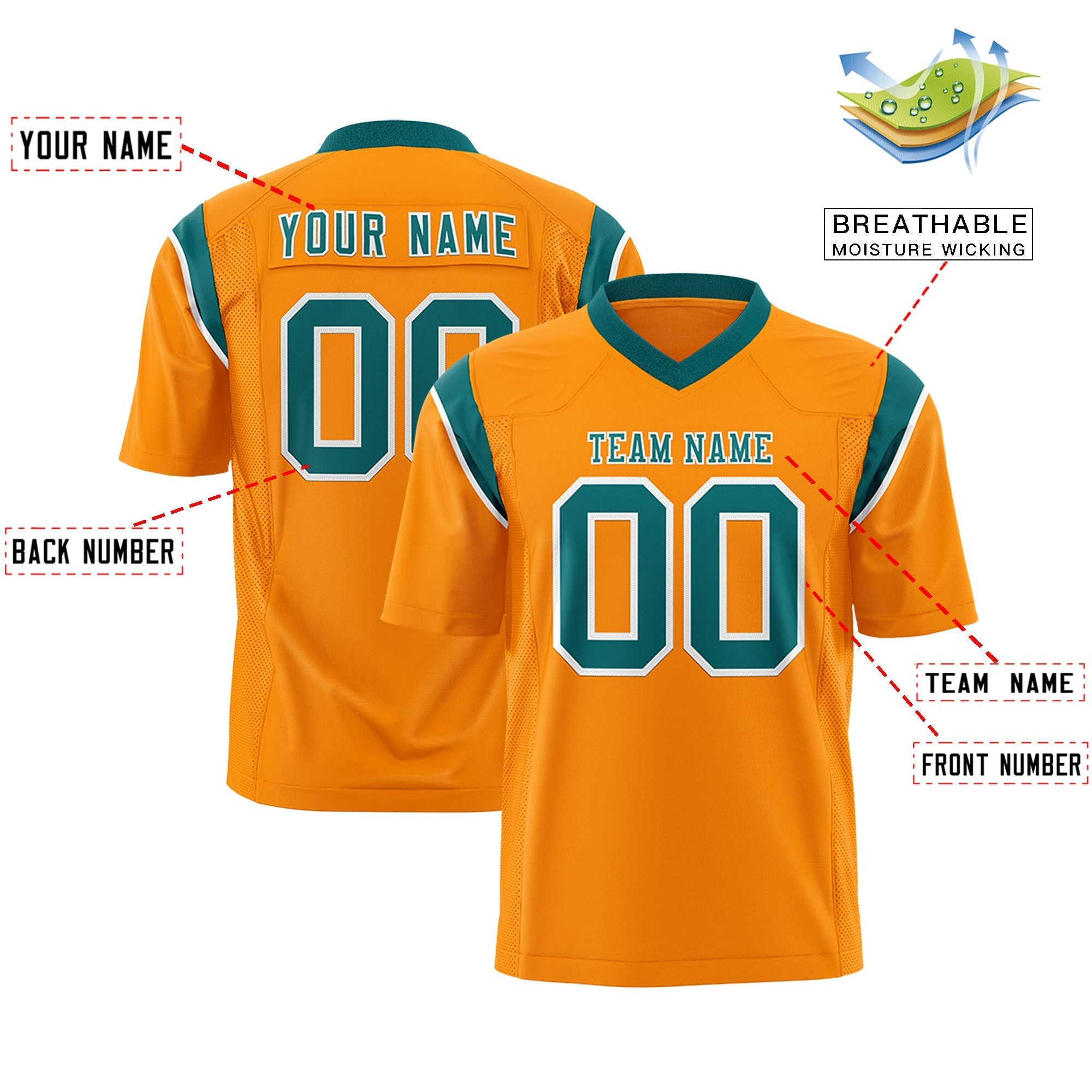 Custom Gold Orange Aqua Personalized Shoulder Cut Two-Tone Flag Football Jersey