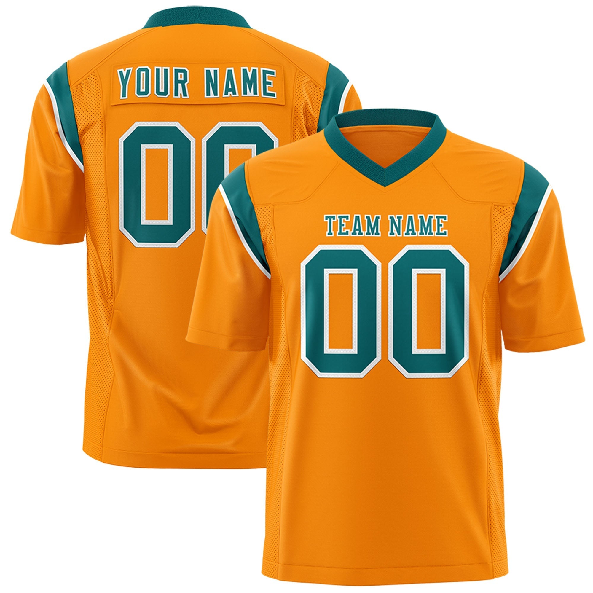 Custom Gold Orange Aqua Personalized Shoulder Cut Two-Tone Flag Football Jersey