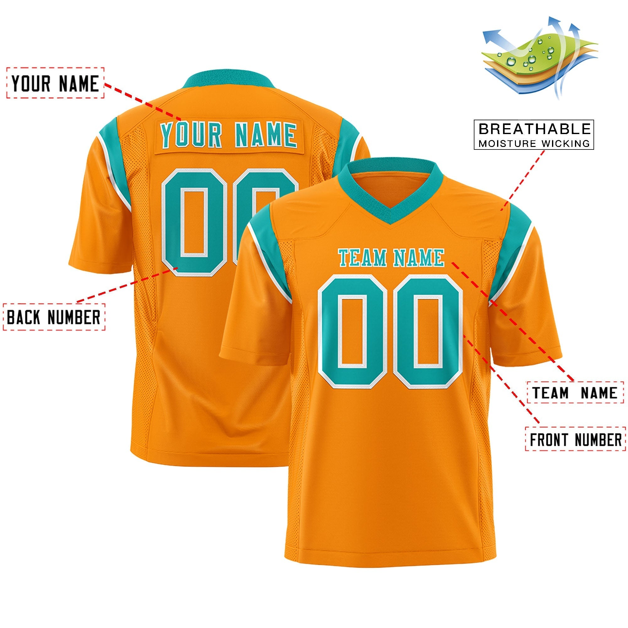 Custom Gold Orange Bright Green Personalized Shoulder Cut Two-Tone Flag Football Jersey