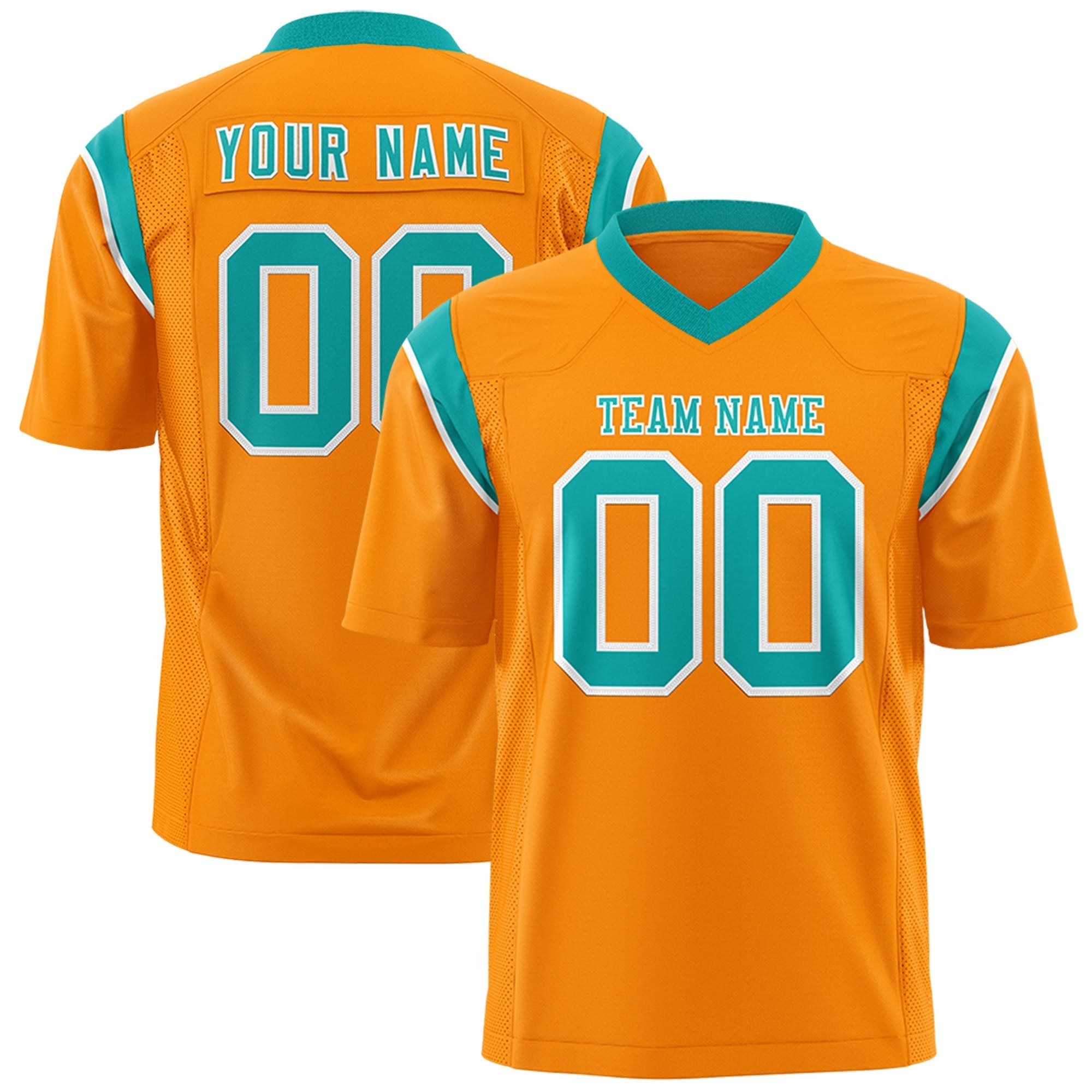 Custom Gold Orange Bright Green Personalized Shoulder Cut Two-Tone Flag Football Jersey