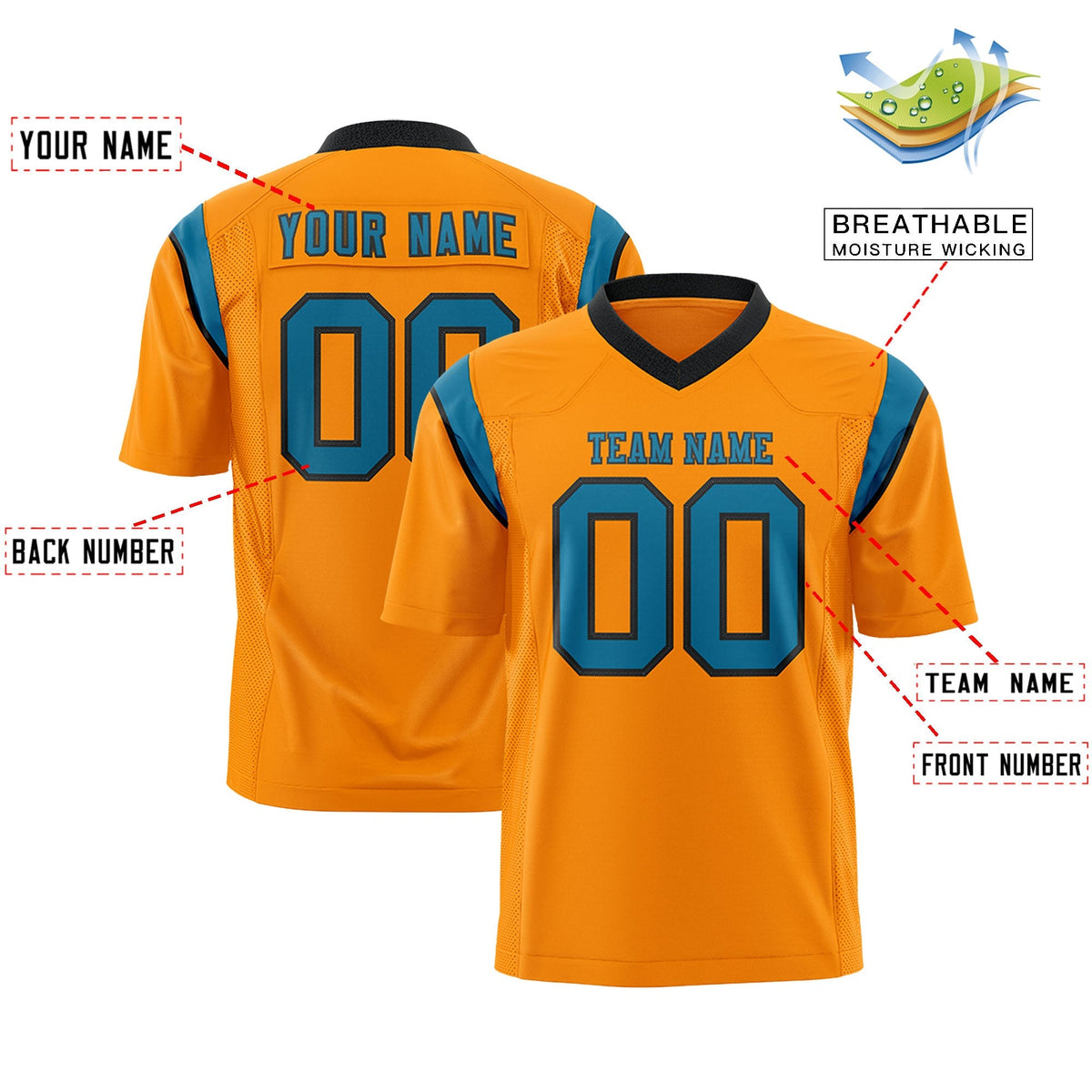 Custom Gold Orange Aqua Personalized Shoulder Cut Two-Tone Flag Football Jersey