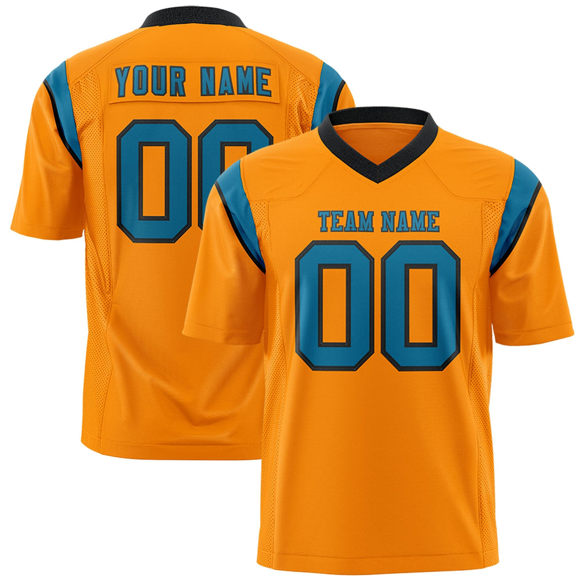Custom Gold Orange Aqua Personalized Shoulder Cut Two-Tone Flag Football Jersey