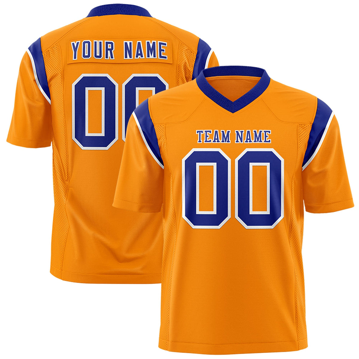Custom Gold Orange Purple Personalized Shoulder Cut Two-Tone Flag Football Jersey