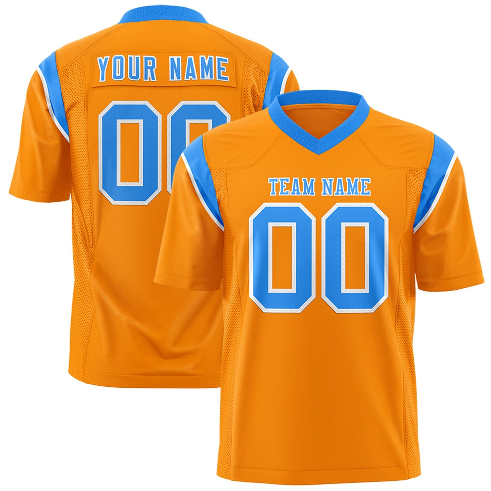 Custom Gold Orange Powder Blue Personalized Shoulder Cut Two-Tone Flag Football Jersey