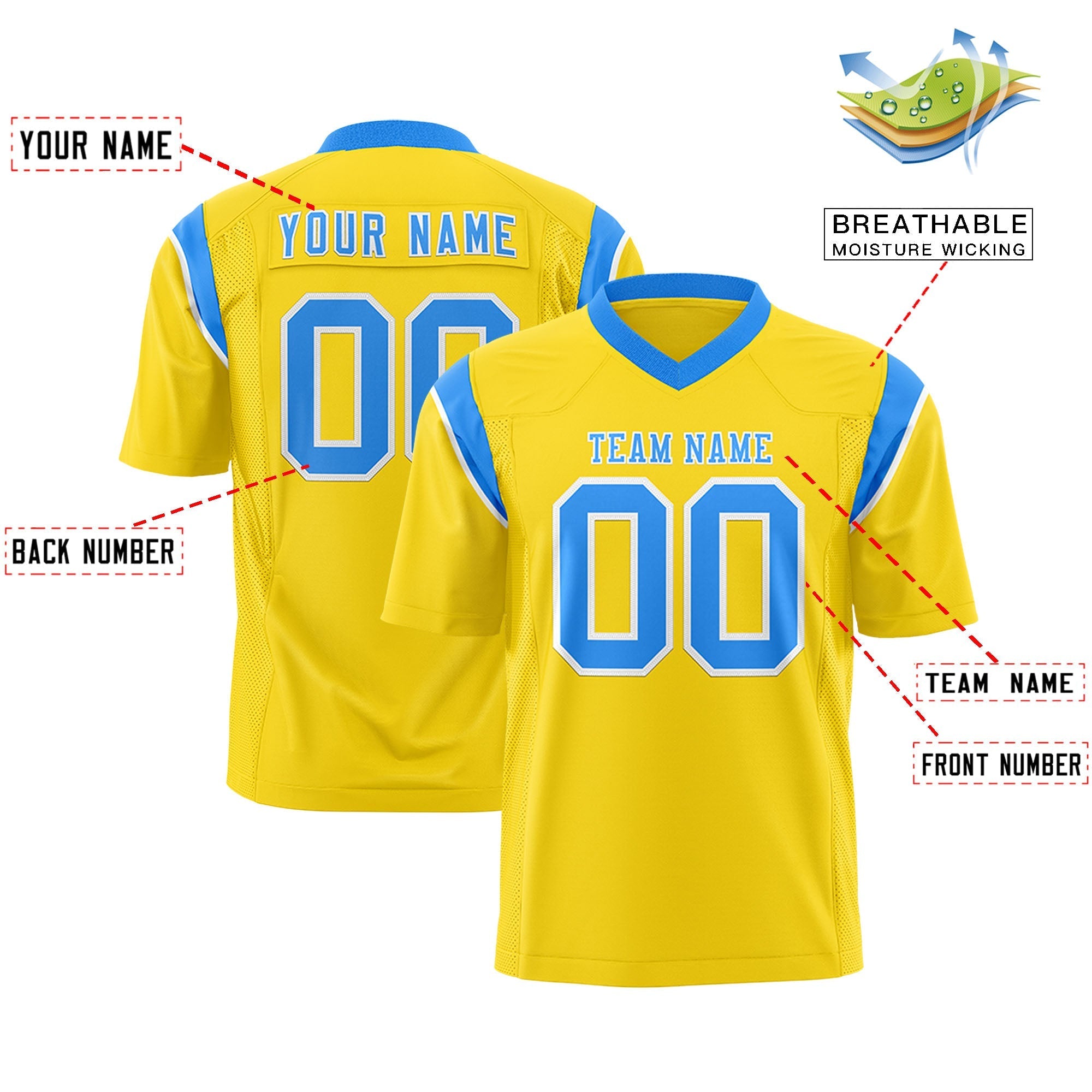 Custom Gold Powder Blue Personalized Shoulder Cut Two-Tone Flag Football Jersey