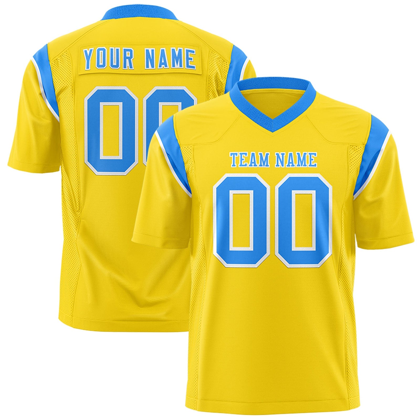 Custom Gold Powder Blue Personalized Shoulder Cut Two-Tone Flag Football Jersey