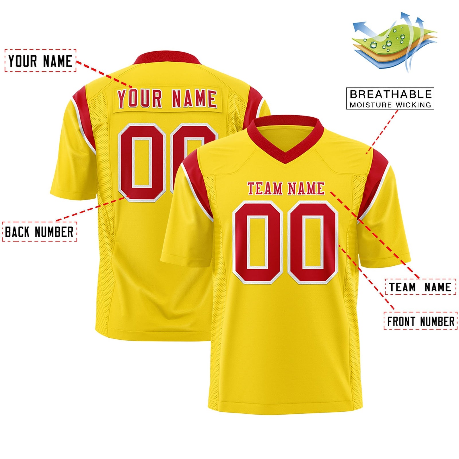 Custom Gold Red Personalized Shoulder Cut Two-Tone Flag Football Jersey