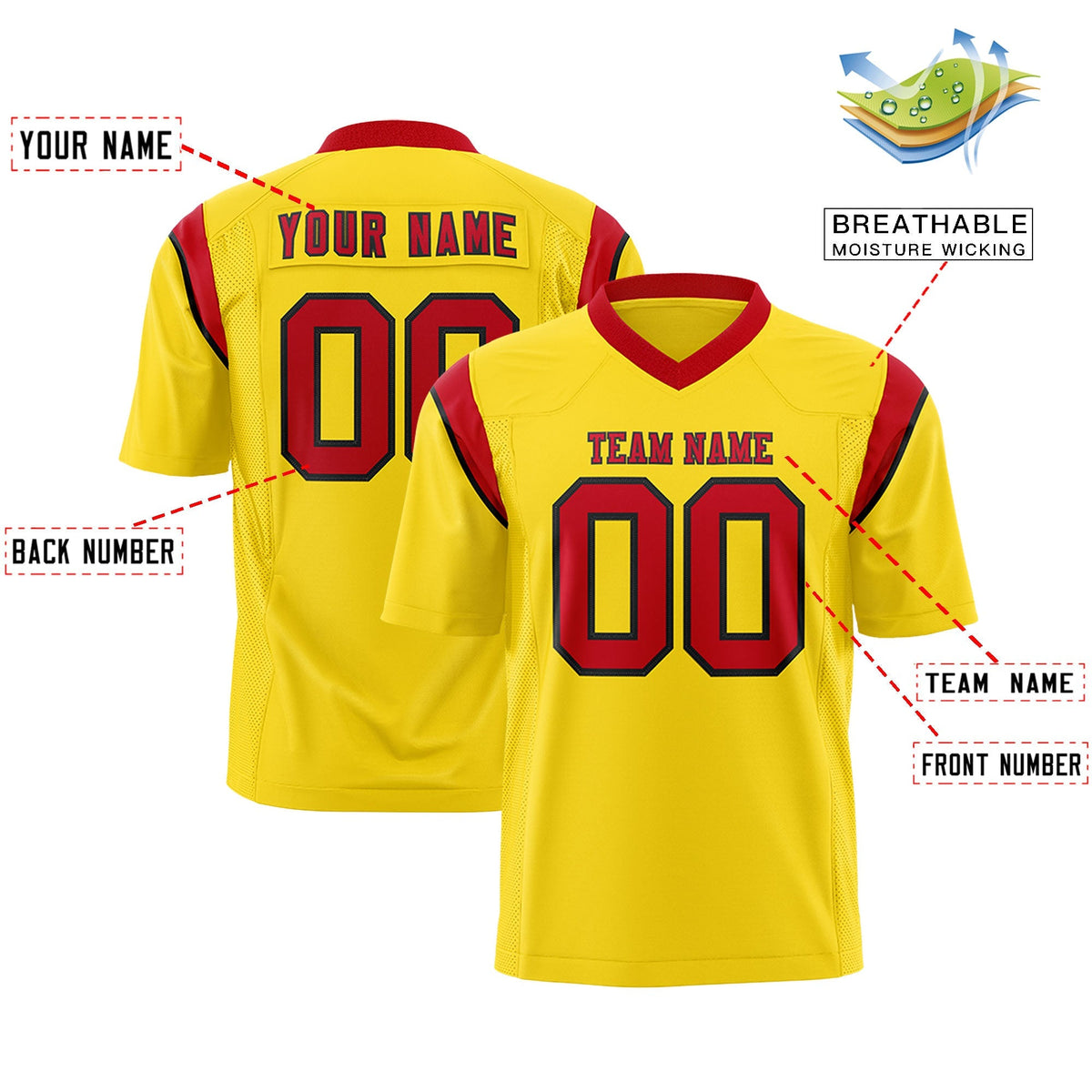 Custom Gold Red Personalized Shoulder Cut Two-Tone Flag Football Jersey