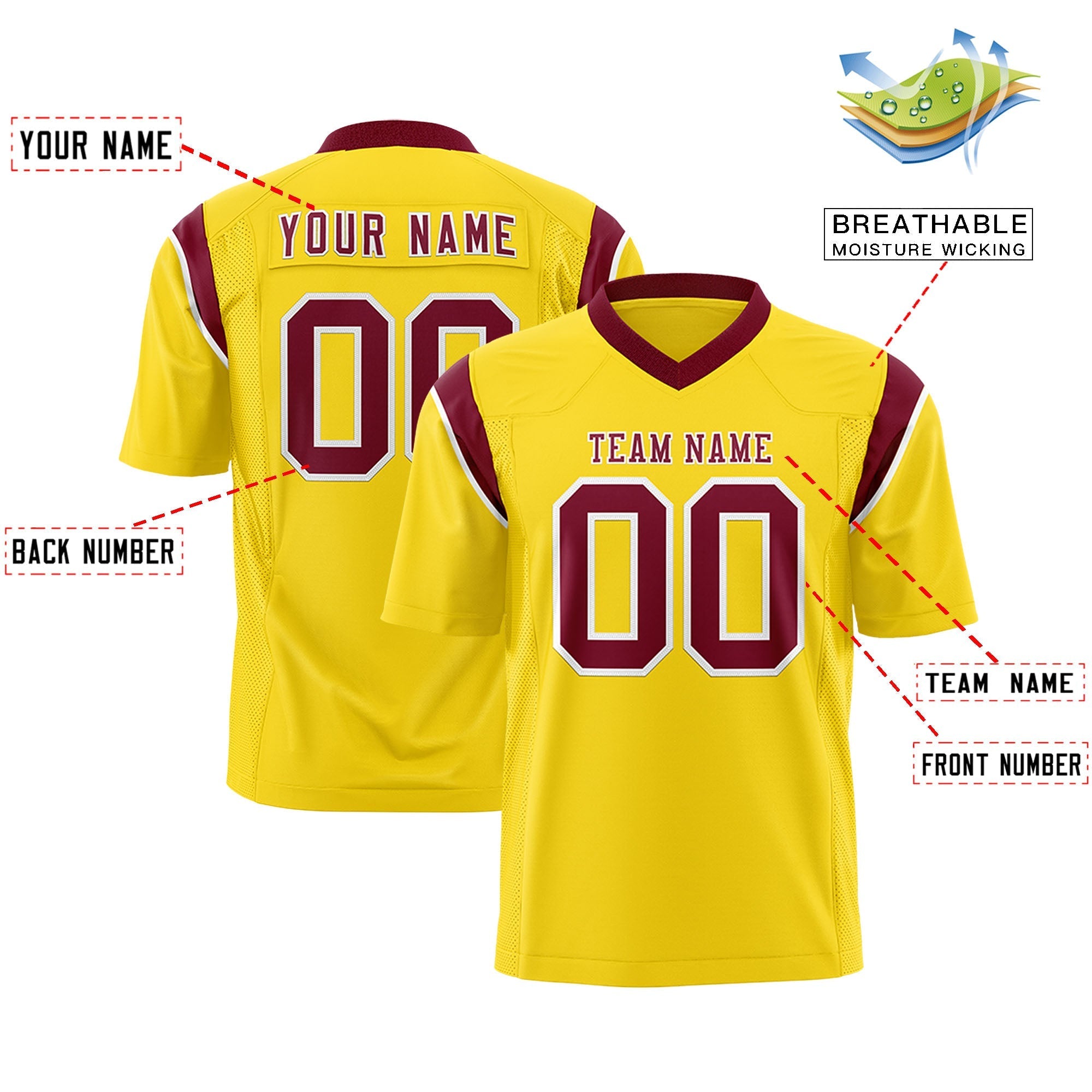 Custom Gold Crimson Personalized Shoulder Cut Two-Tone Flag Football Jersey