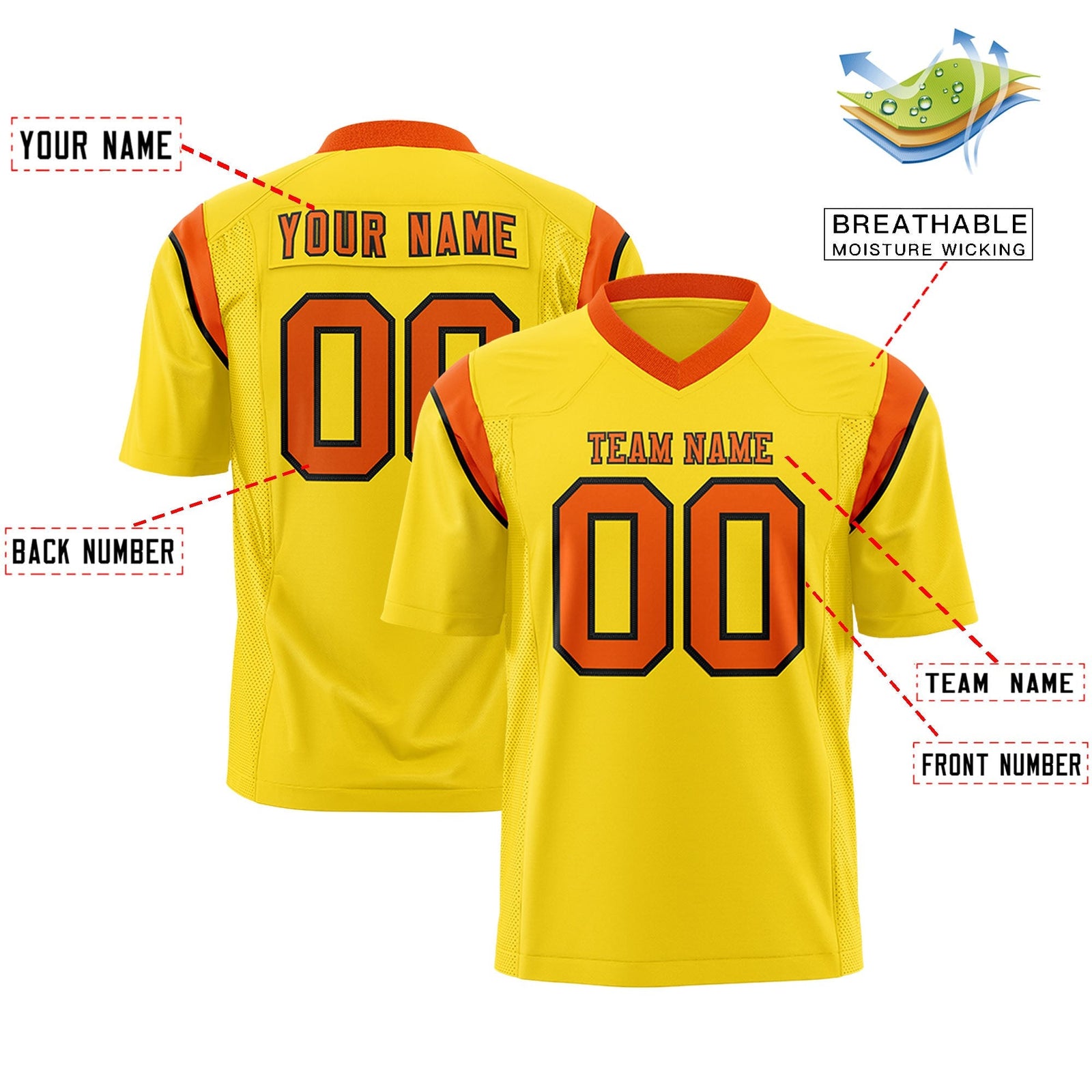 Custom Gold Orange Personalized Shoulder Cut Two-Tone Flag Football Jersey