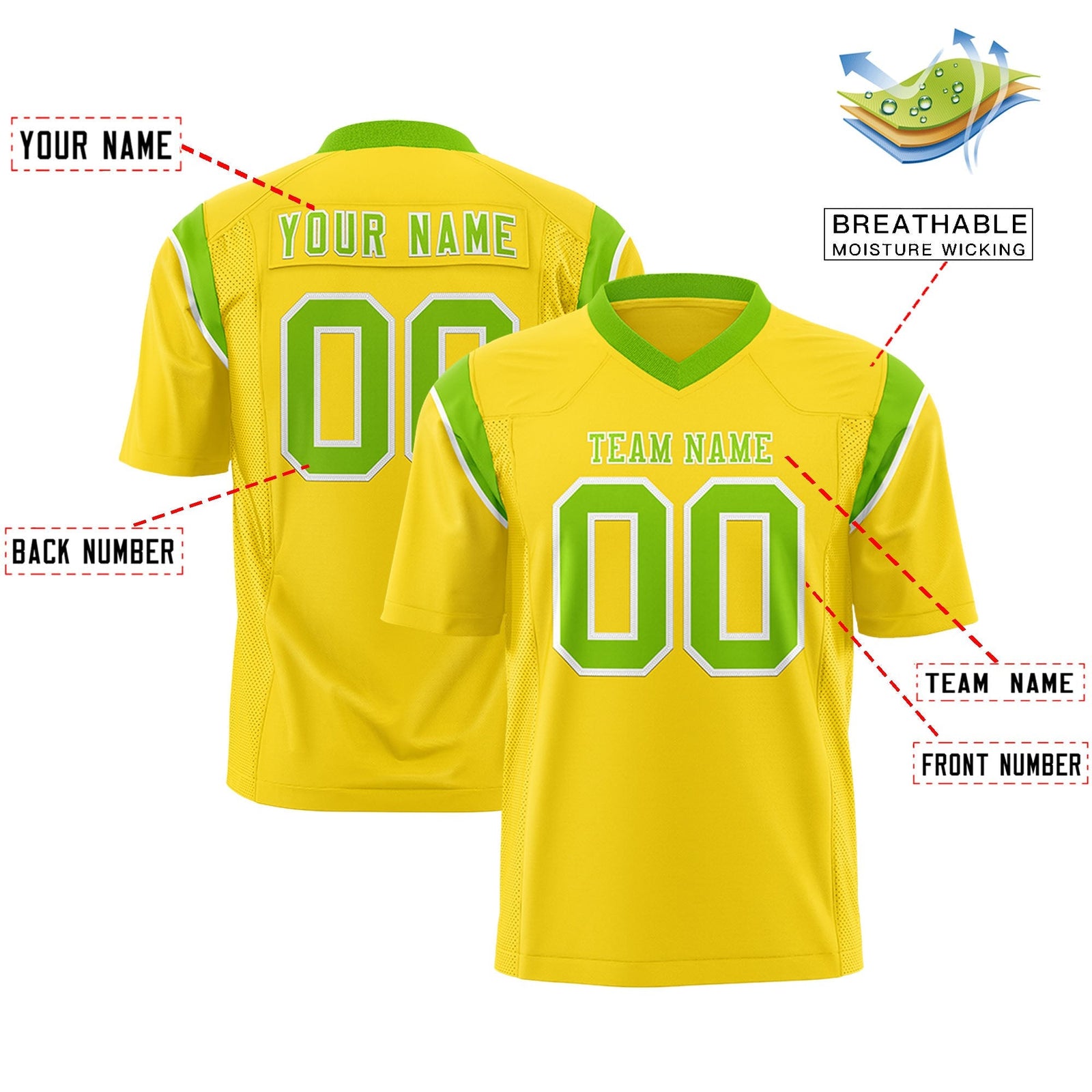 Custom Gold Neon Green Personalized Shoulder Cut Two-Tone Flag Football Jersey
