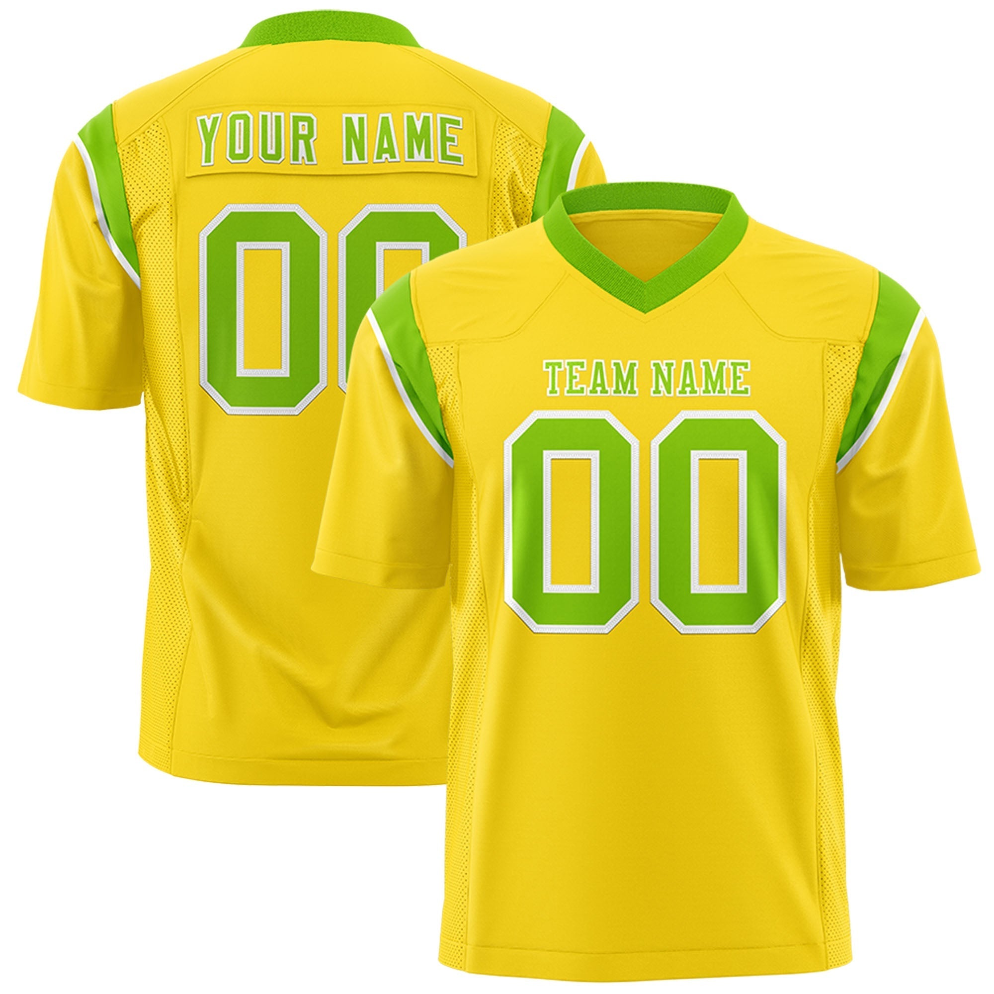 Custom Gold Neon Green Personalized Shoulder Cut Two-Tone Flag Football Jersey
