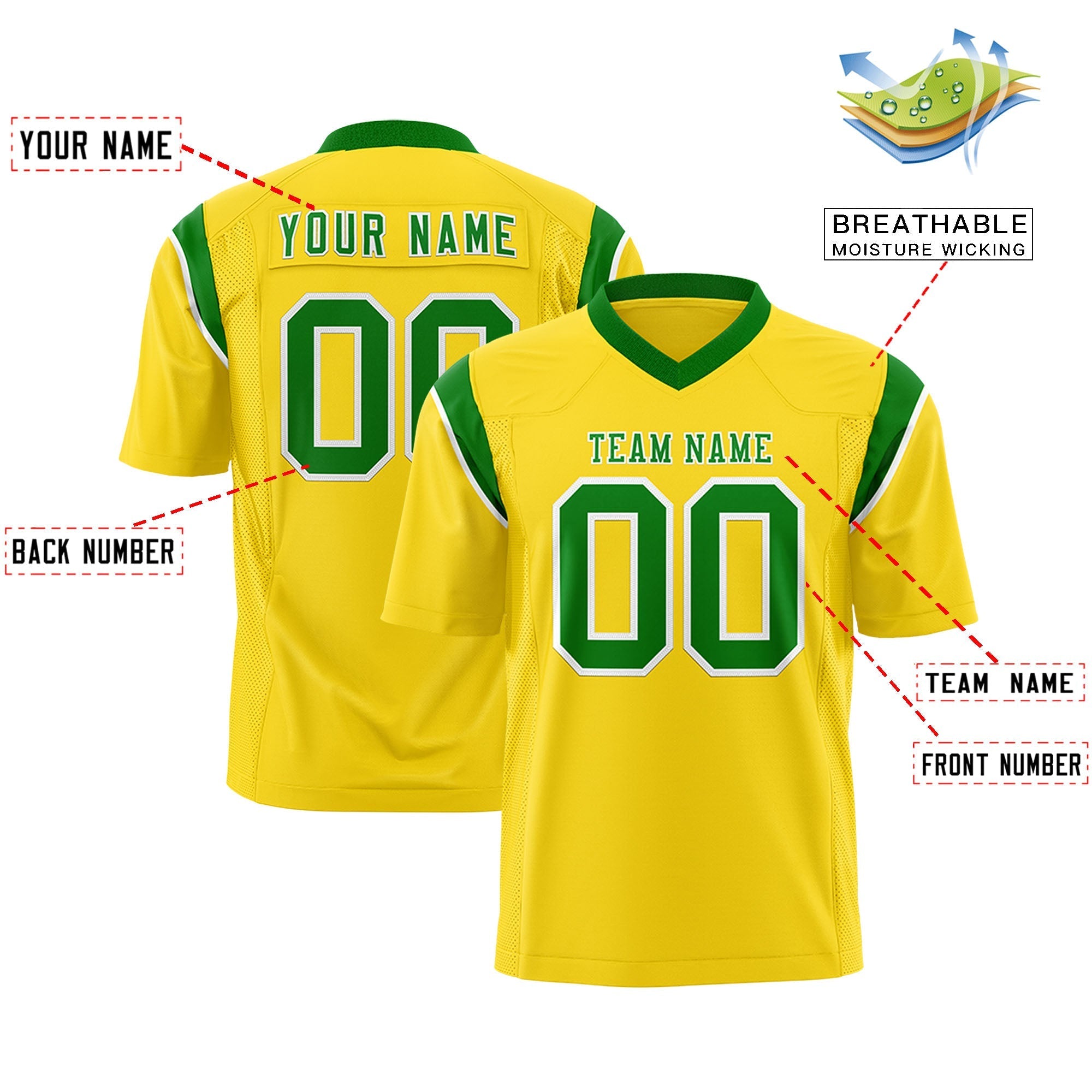 Custom Gold Kelly Green Personalized Shoulder Cut Two-Tone Flag Football Jersey
