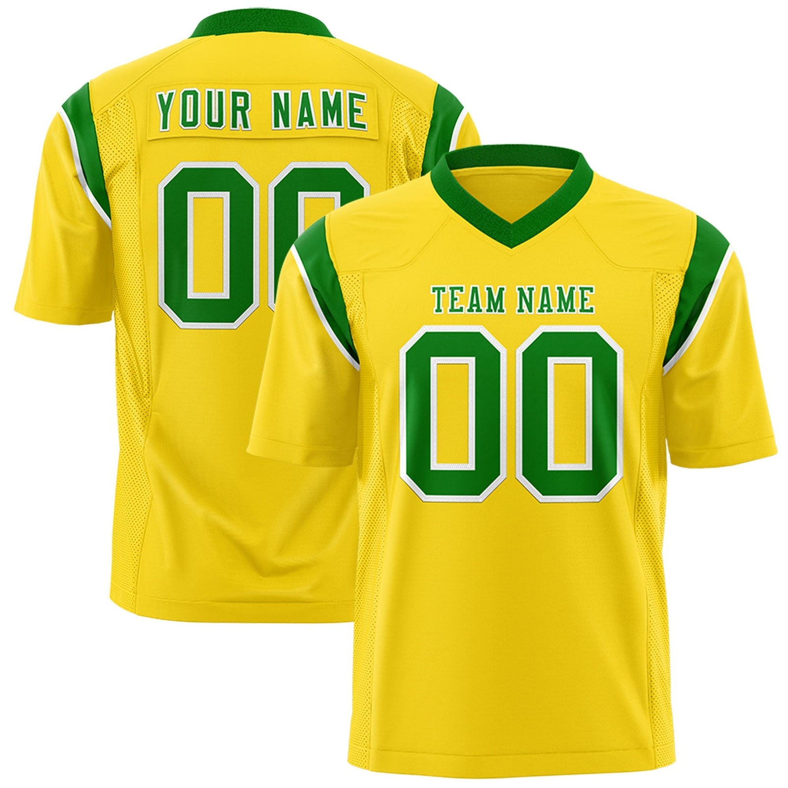 Custom Gold Kelly Green Personalized Shoulder Cut Two-Tone Flag Football Jersey