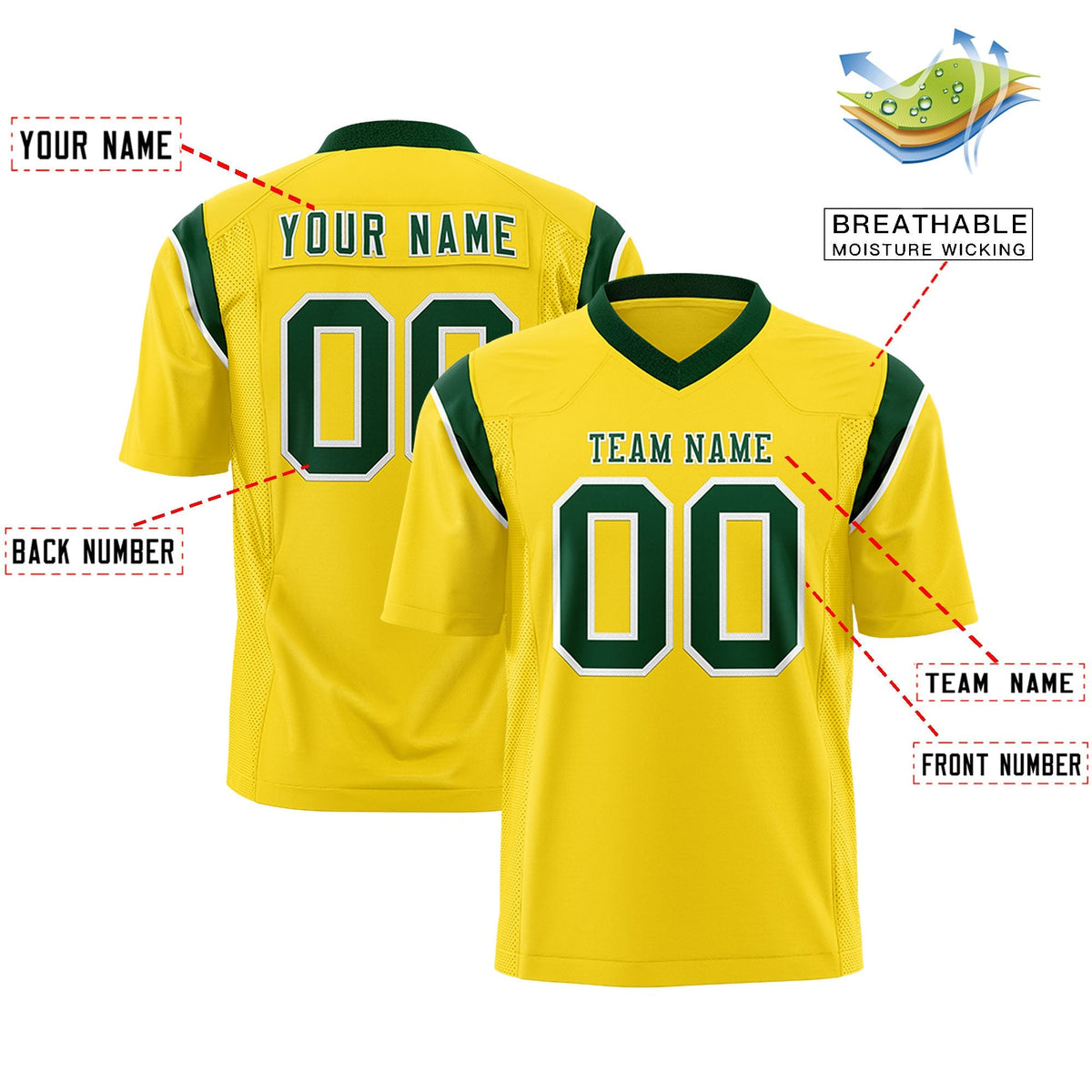 Custom Gold Green Personalized Shoulder Cut Two-Tone Flag Football Jersey