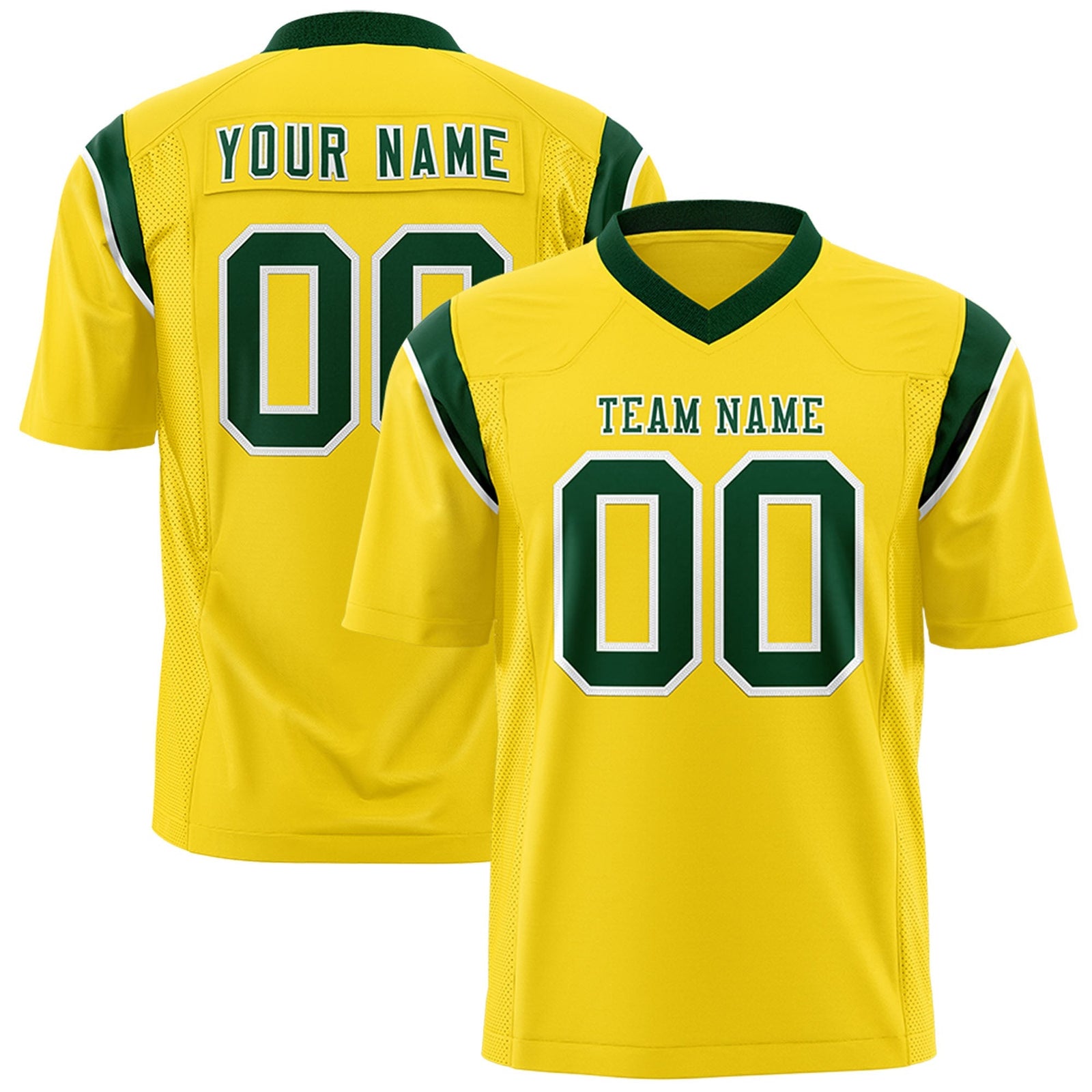 Custom Gold Green Personalized Shoulder Cut Two-Tone Flag Football Jersey