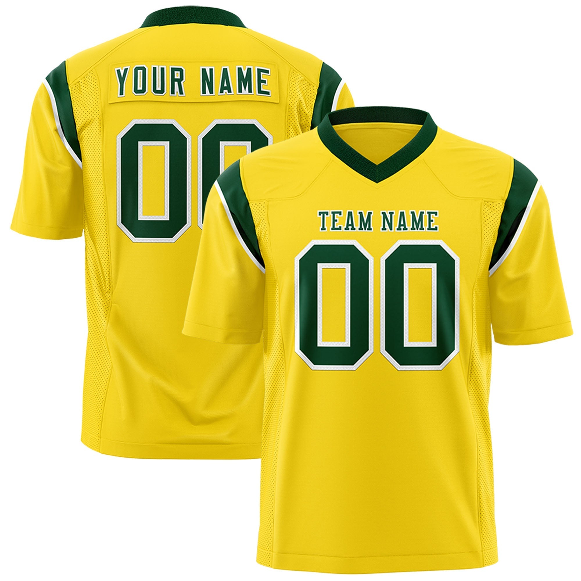 Custom Gold Green Personalized Shoulder Cut Two-Tone Flag Football Jersey