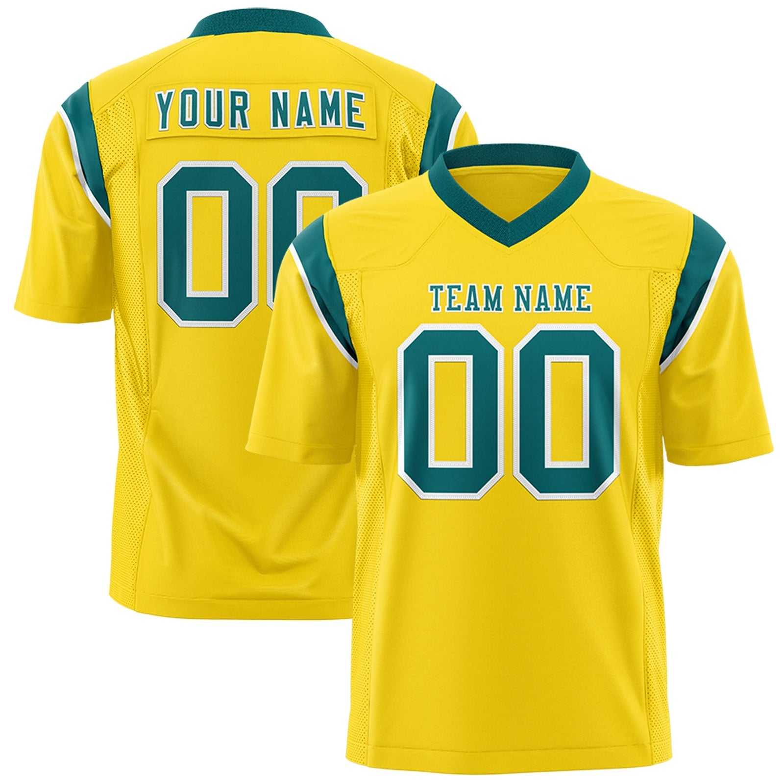Custom Gold Aqua Personalized Shoulder Cut Two-Tone Flag Football Jersey