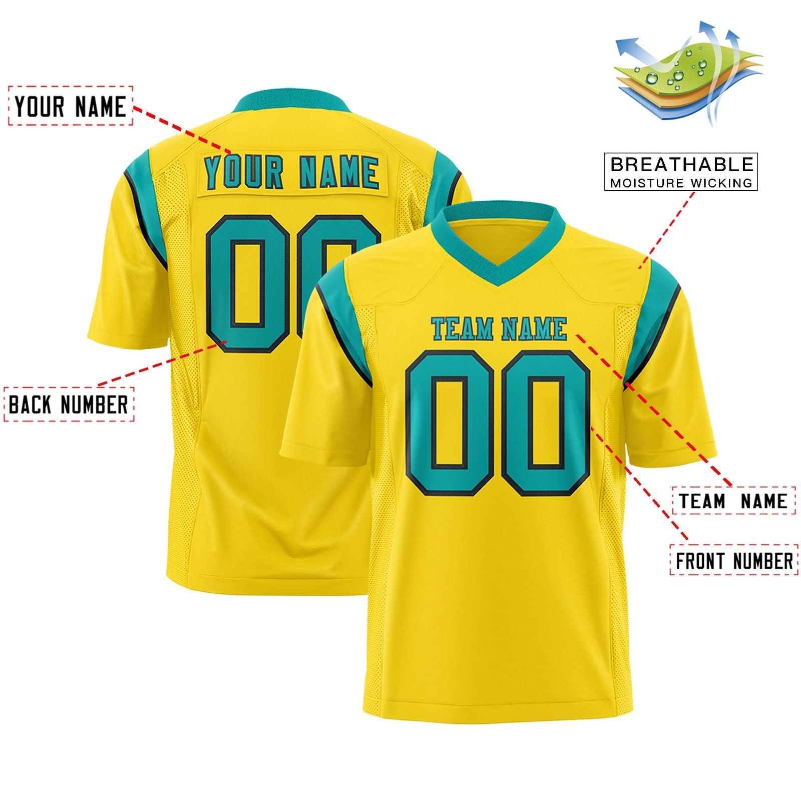 Custom Gold Aqua Personalized Shoulder Cut Two-Tone Flag Football Jersey