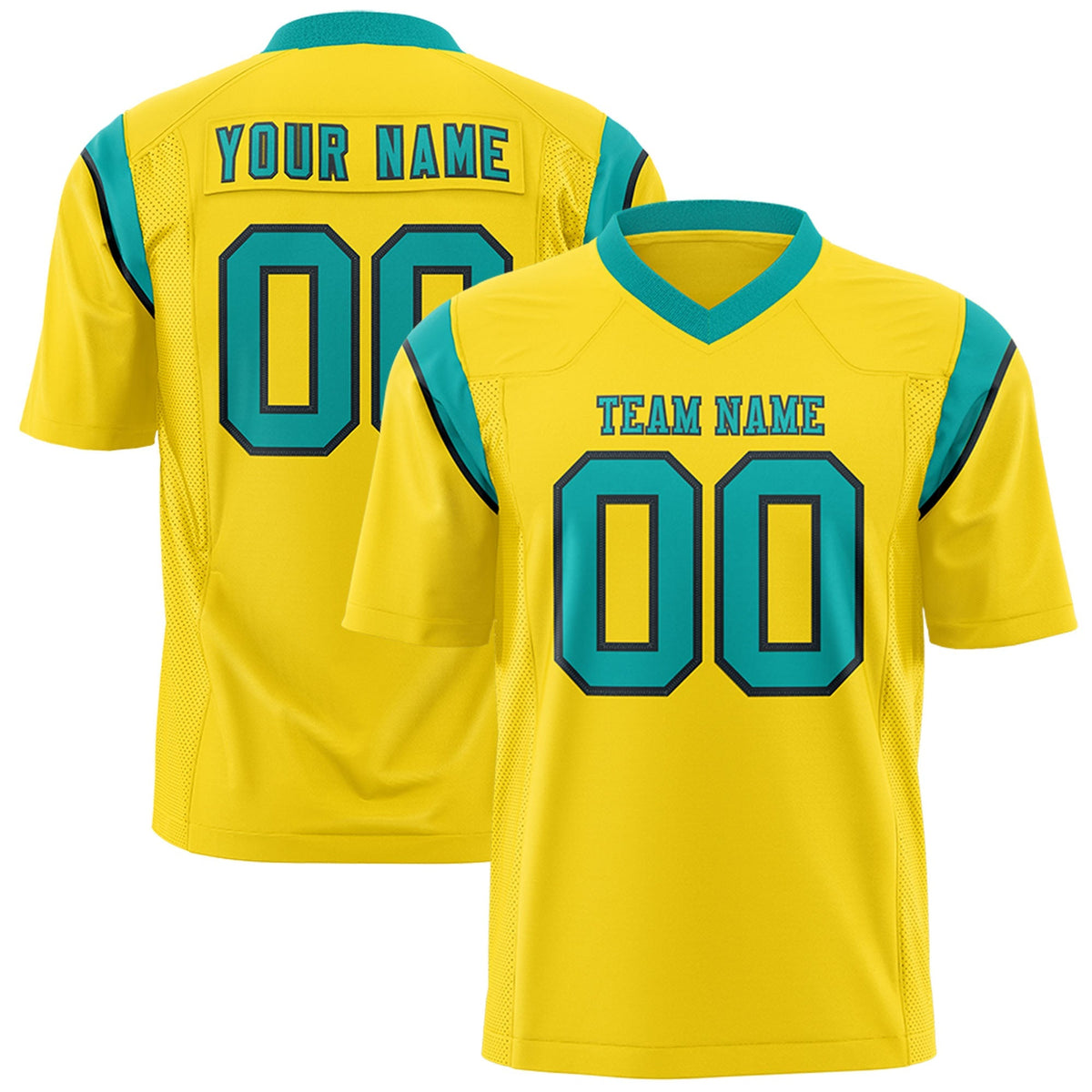 Custom Gold Aqua Personalized Shoulder Cut Two-Tone Flag Football Jersey