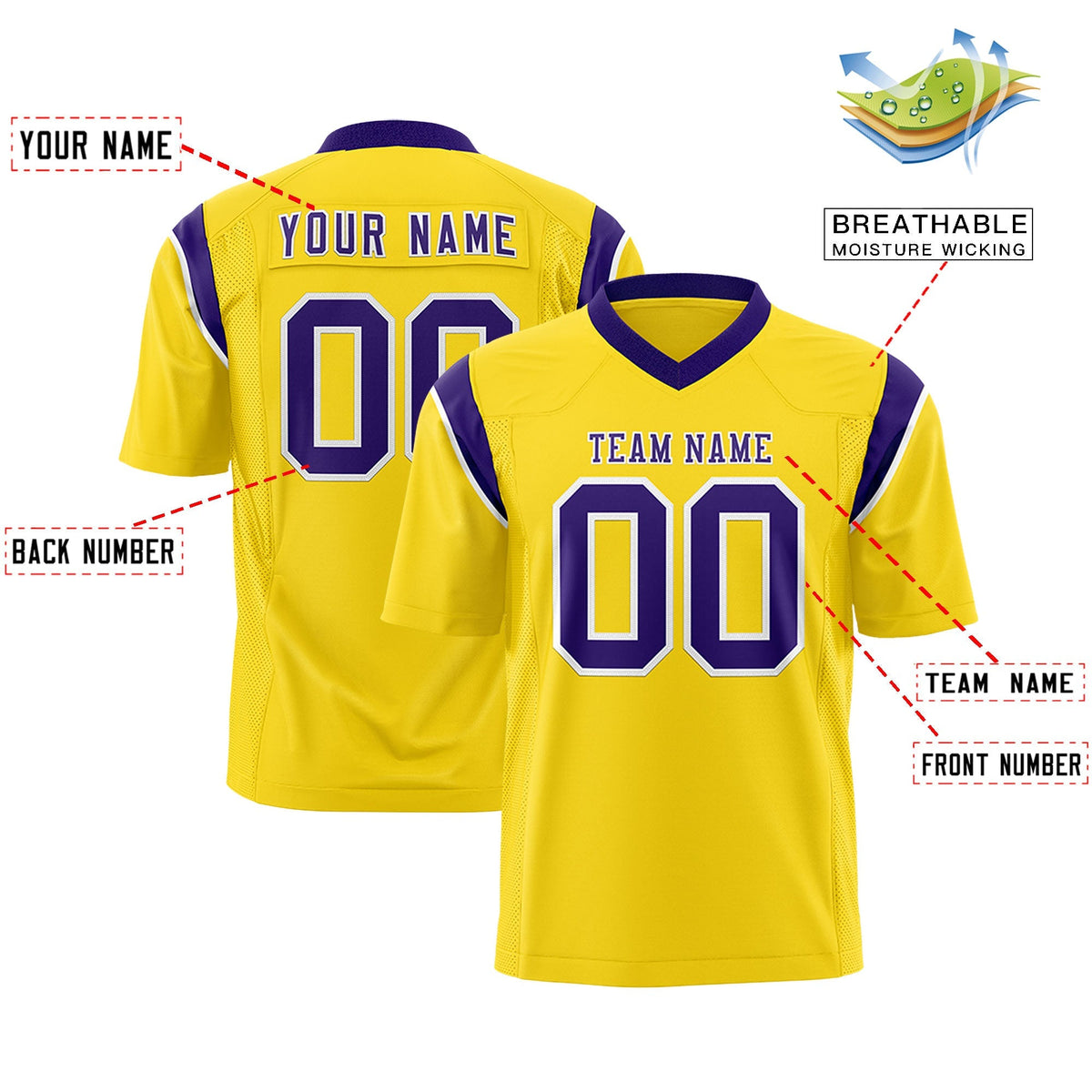 Custom Gold Purple Personalized Shoulder Cut Two-Tone Flag Football Jersey