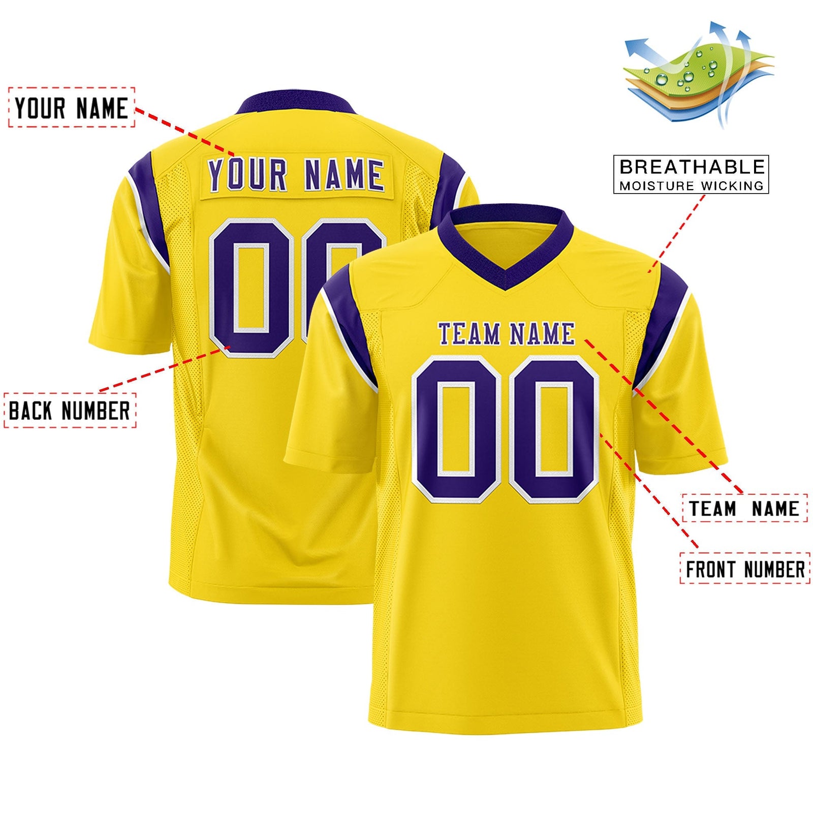 Custom Gold Purple Personalized Shoulder Cut Two-Tone Flag Football Jersey