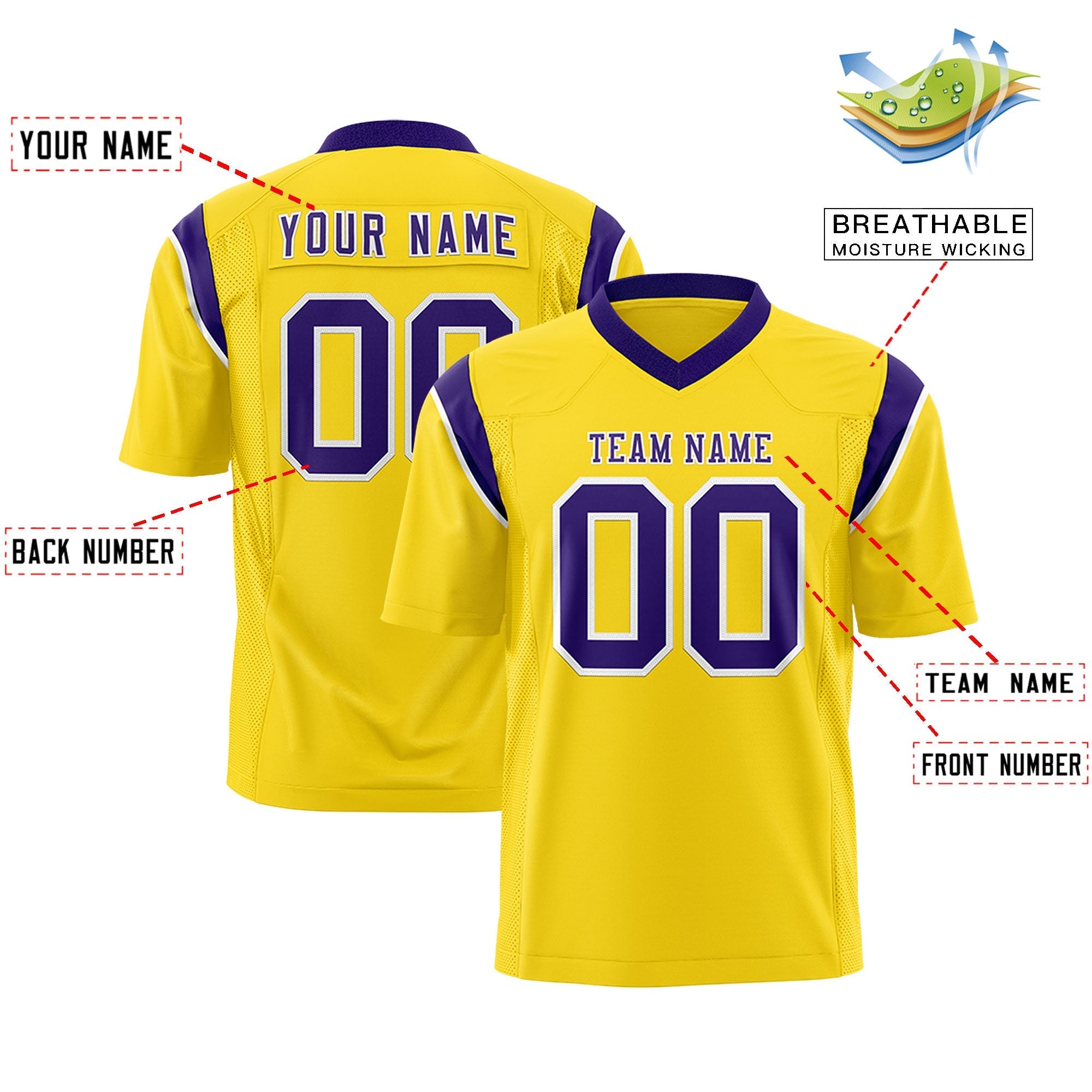 Custom Gold Purple Personalized Shoulder Cut Two-Tone Flag Football Jersey