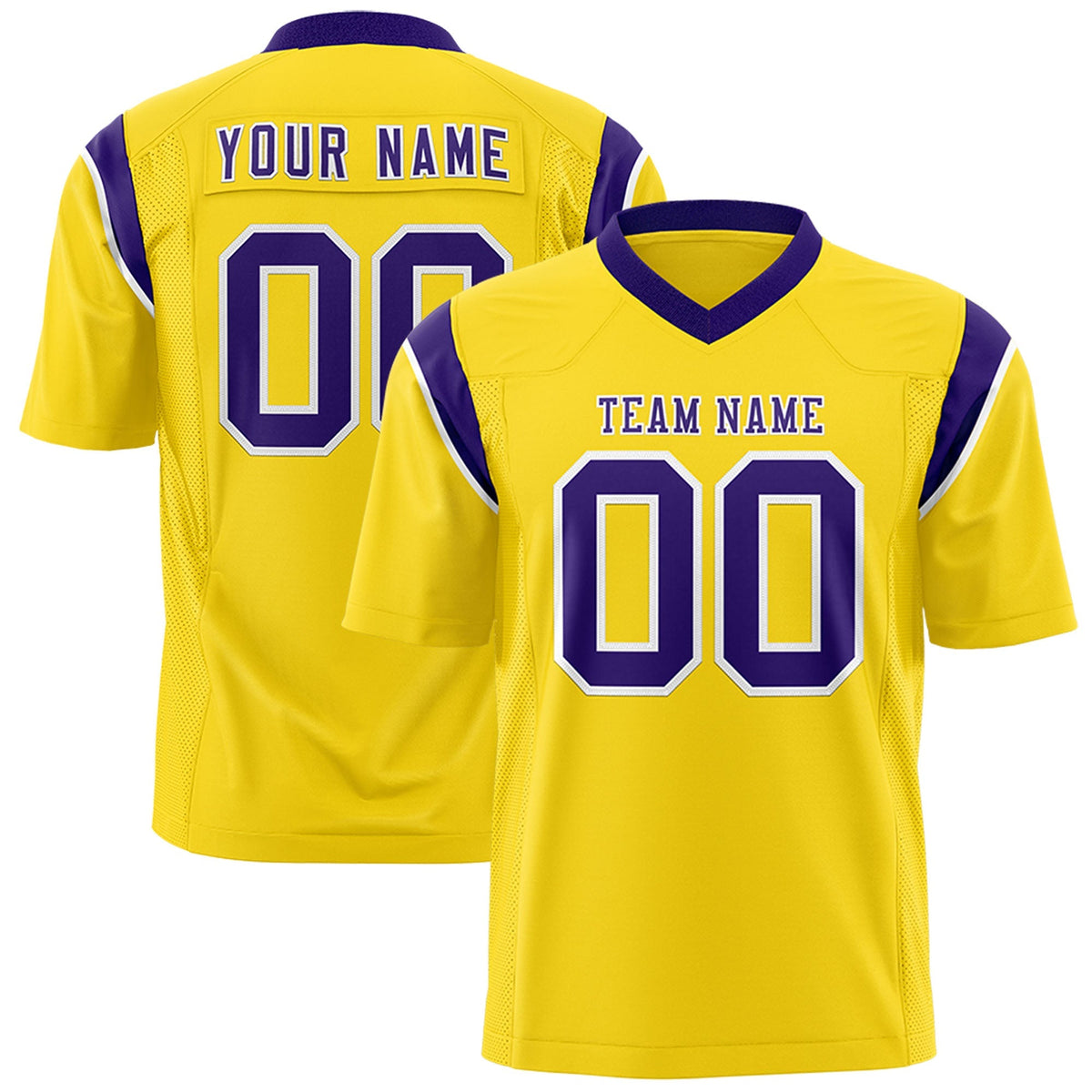 Custom Gold Purple Personalized Shoulder Cut Two-Tone Flag Football Jersey