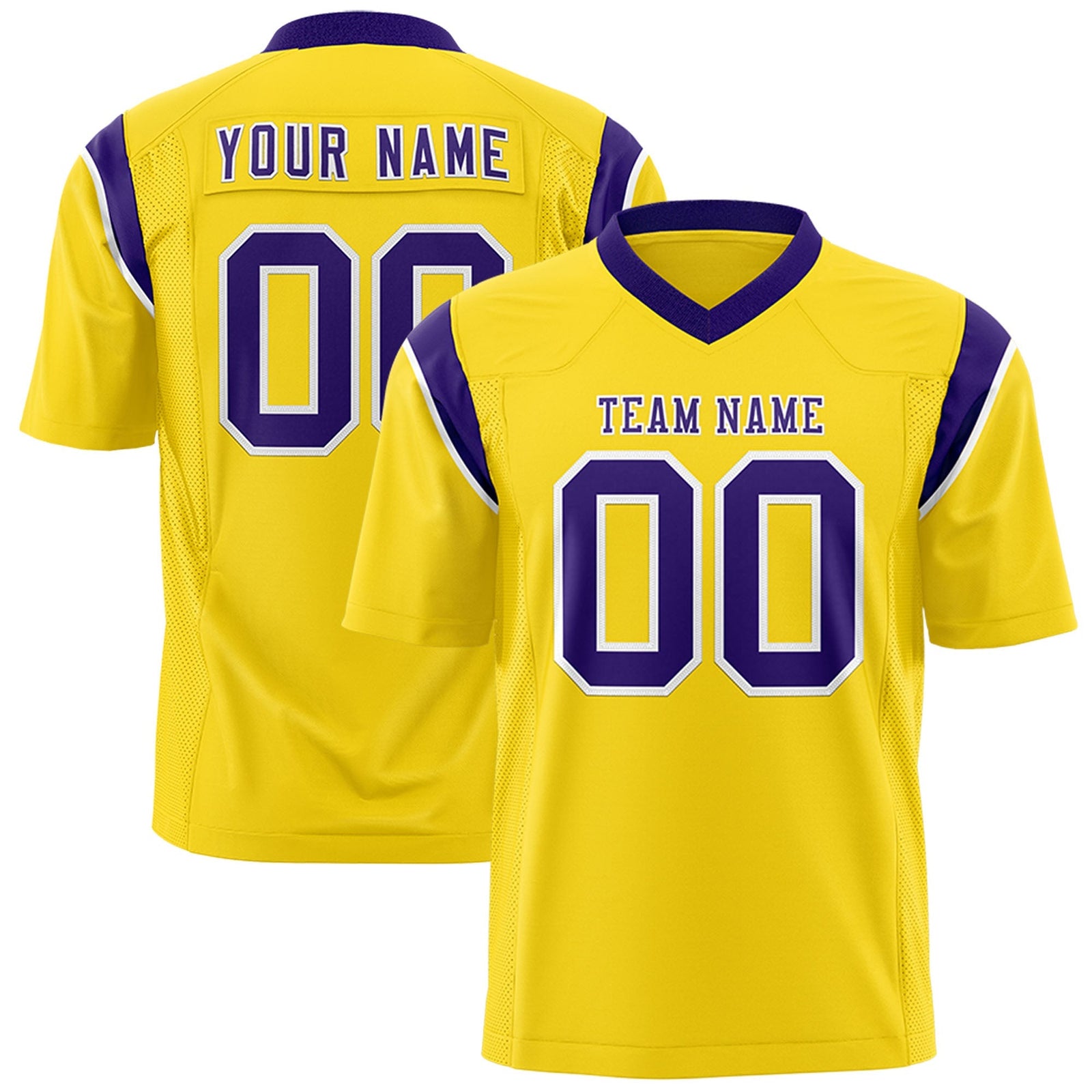 Custom Gold Purple Personalized Shoulder Cut Two-Tone Flag Football Jersey