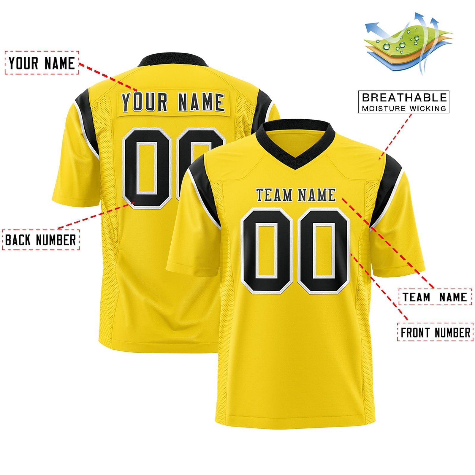 Custom Gold Black Personalized Shoulder Cut Two-Tone Flag Football Jersey