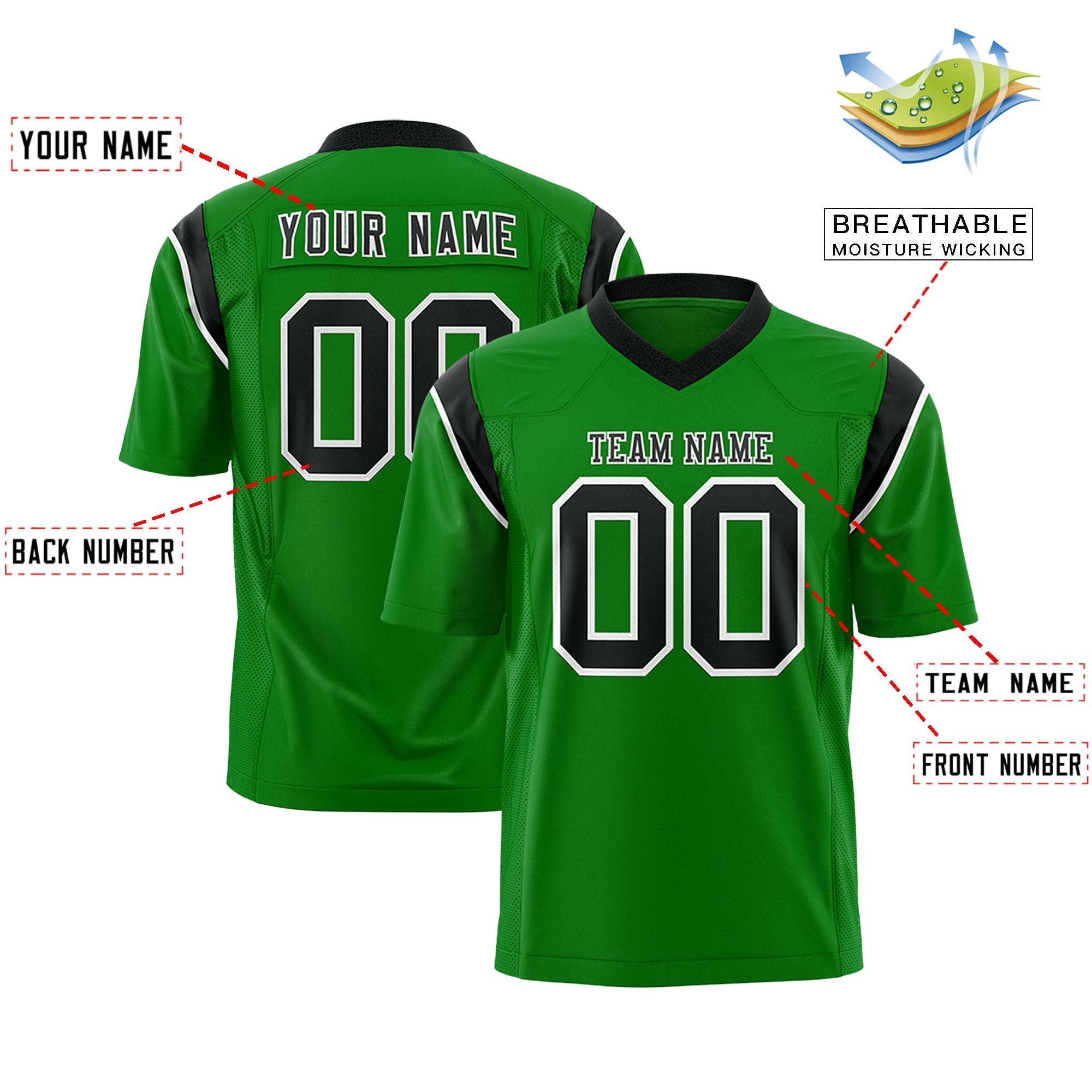 Custom Kelly Green Black Personalized Shoulder Cut Two-Tone Flag Football Jersey