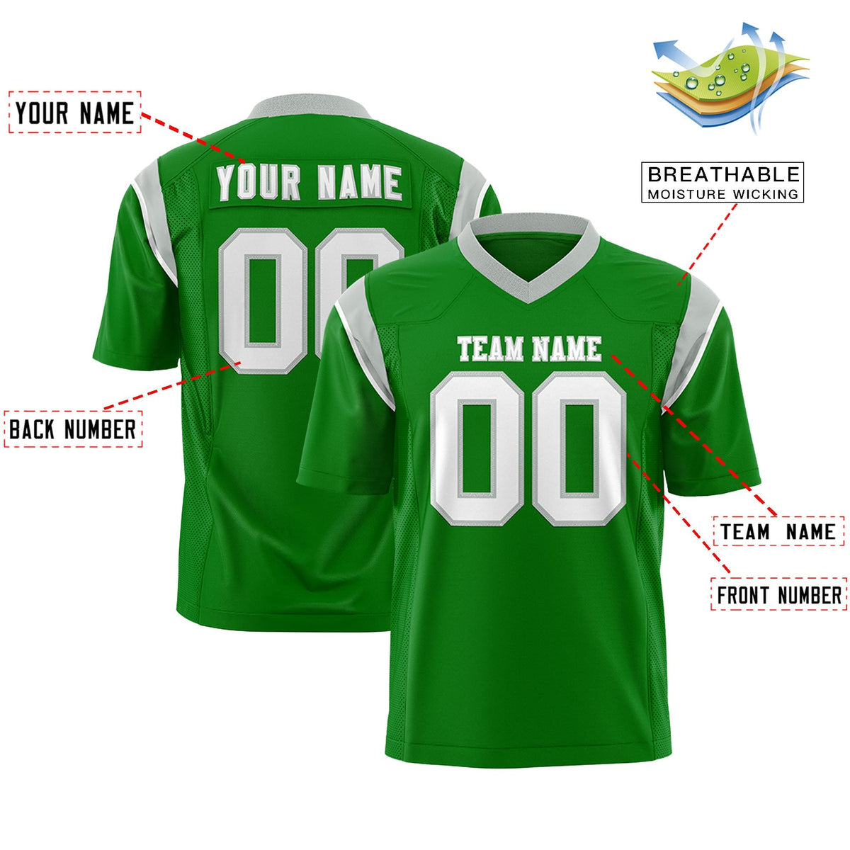 Custom Kelly Green Gray Personalized Shoulder Cut Two-Tone Flag Football Jersey