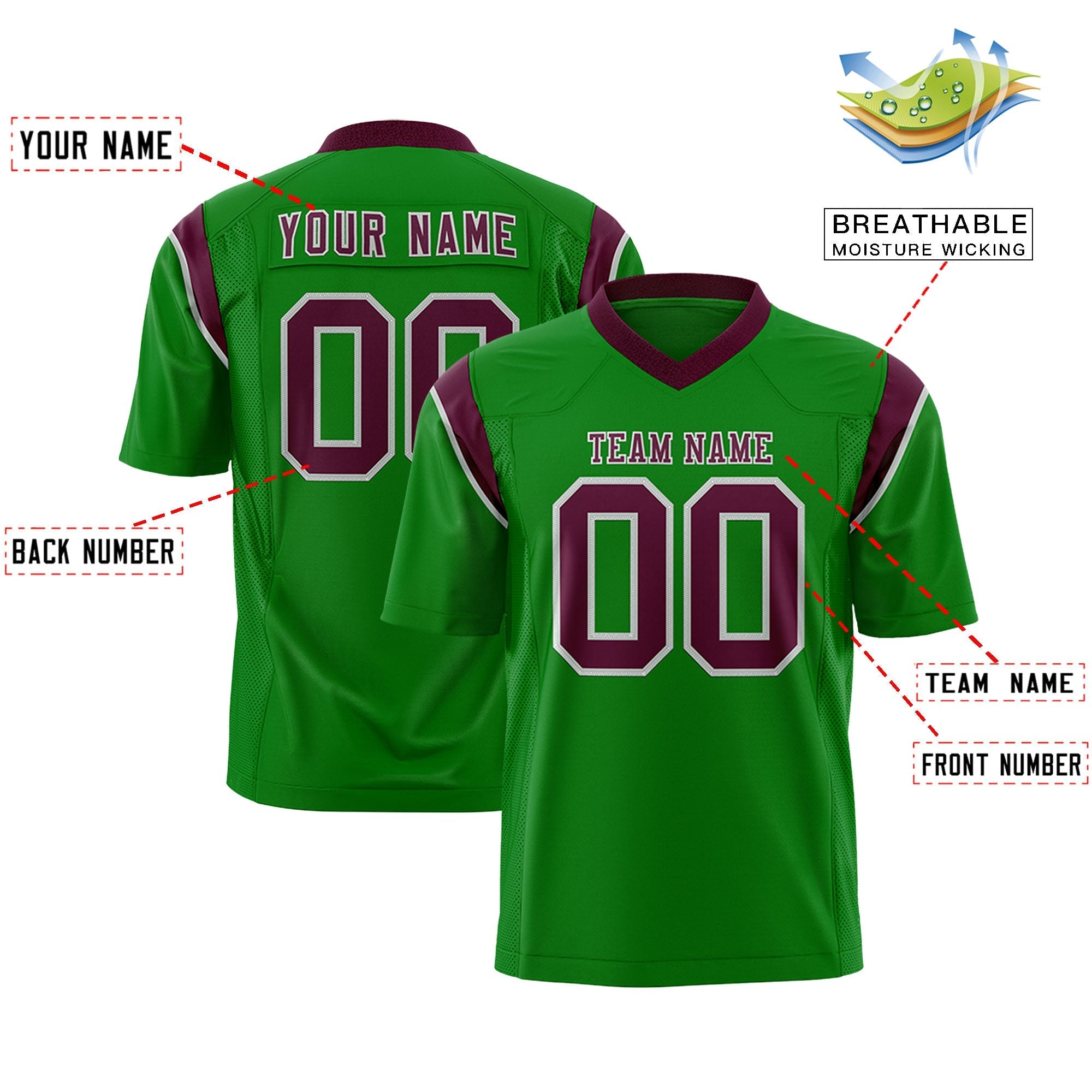 Custom Kelly Green Burgundy Personalized Shoulder Cut Two-Tone Flag Football Jersey