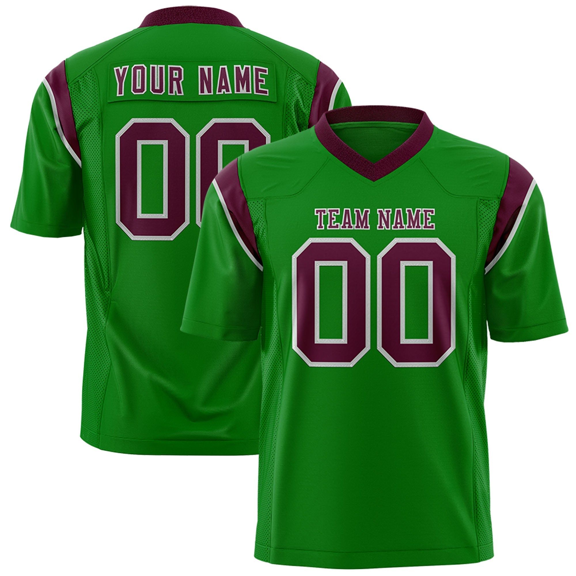 Custom Kelly Green Burgundy Personalized Shoulder Cut Two-Tone Flag Football Jersey