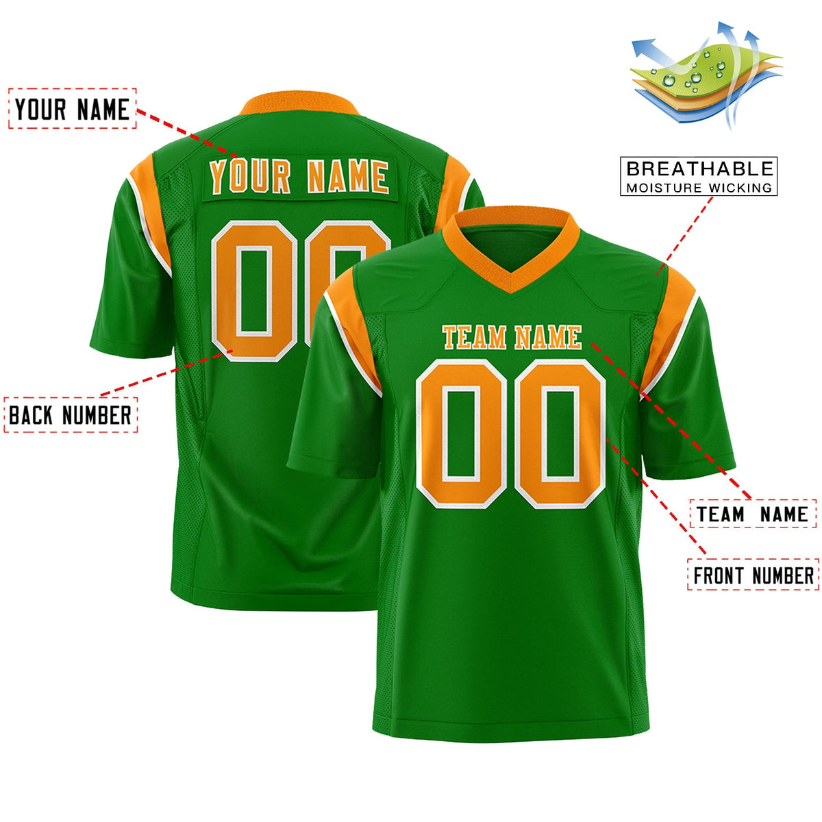Custom Kelly Green Gold Orange Personalized Shoulder Cut Two-Tone Flag Football Jersey