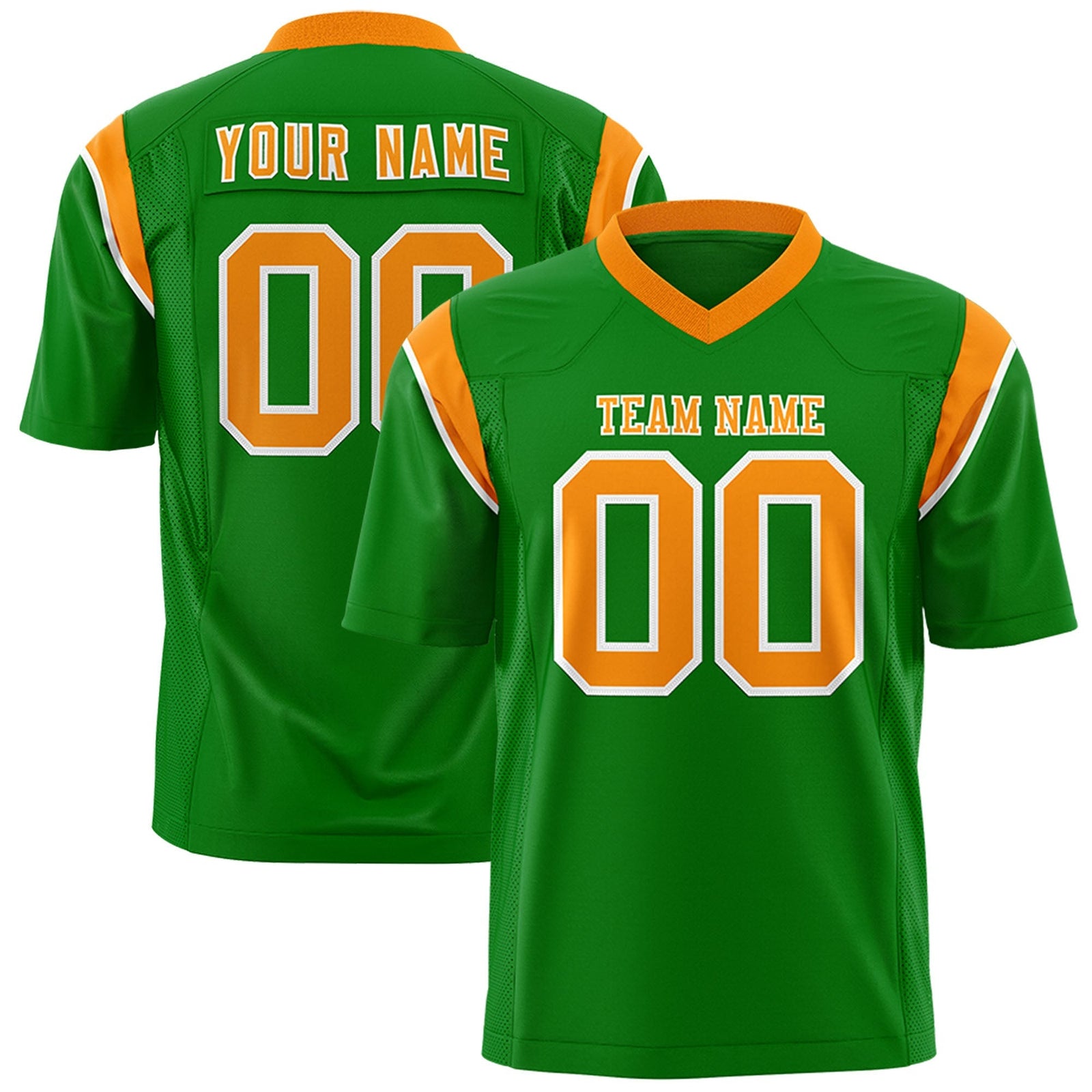 Custom Kelly Green Gold Orange Personalized Shoulder Cut Two-Tone Flag Football Jersey