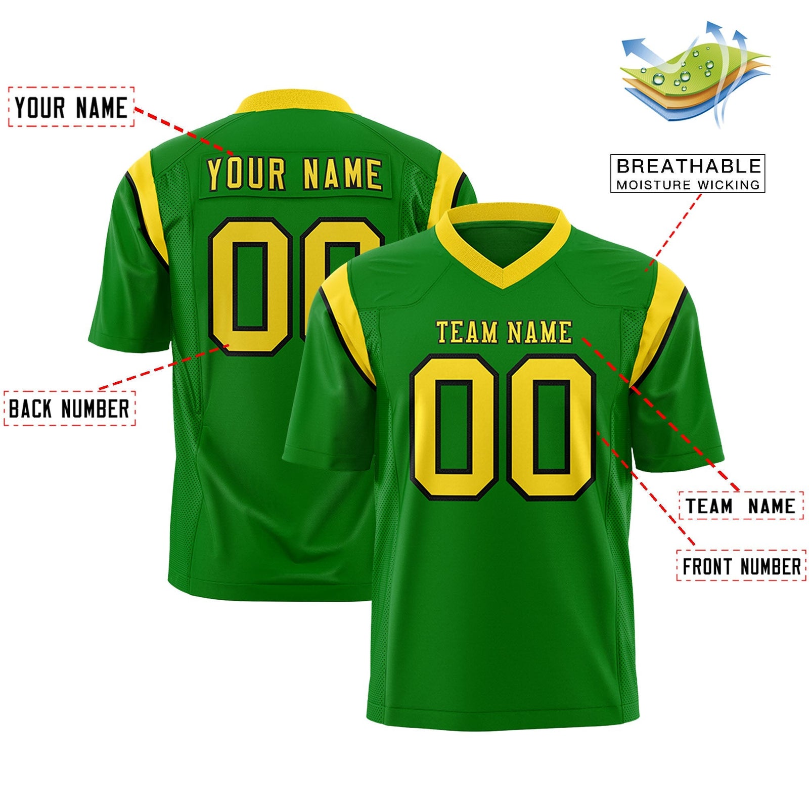 Custom Kelly Green Gold Personalized Shoulder Cut Two-Tone Flag Football Jersey
