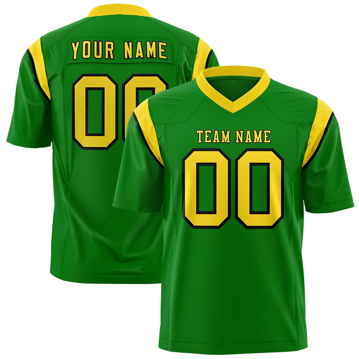 Custom Kelly Green Gold Personalized Shoulder Cut Two-Tone Flag Football Jersey