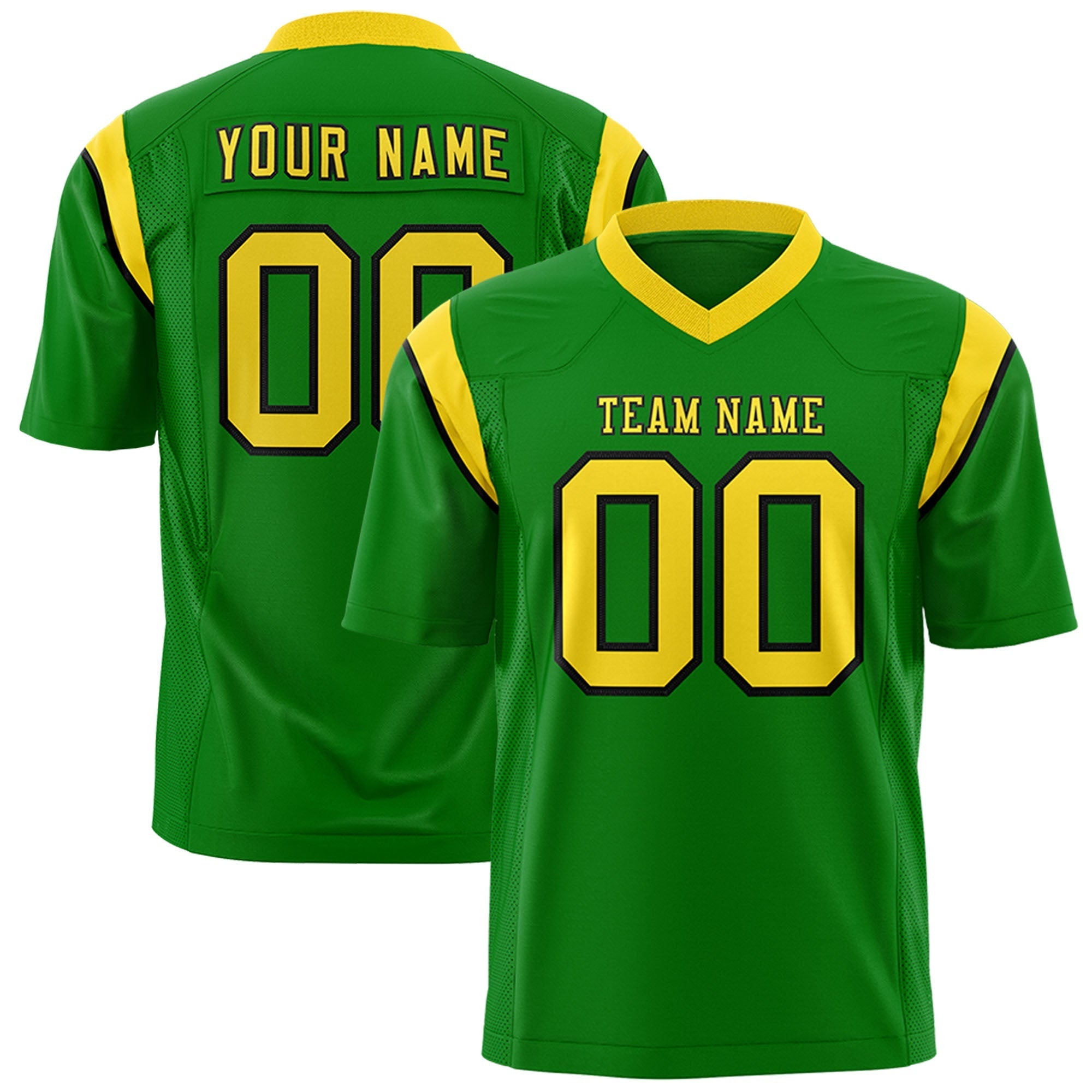 Custom Kelly Green Gold Personalized Shoulder Cut Two-Tone Flag Football Jersey